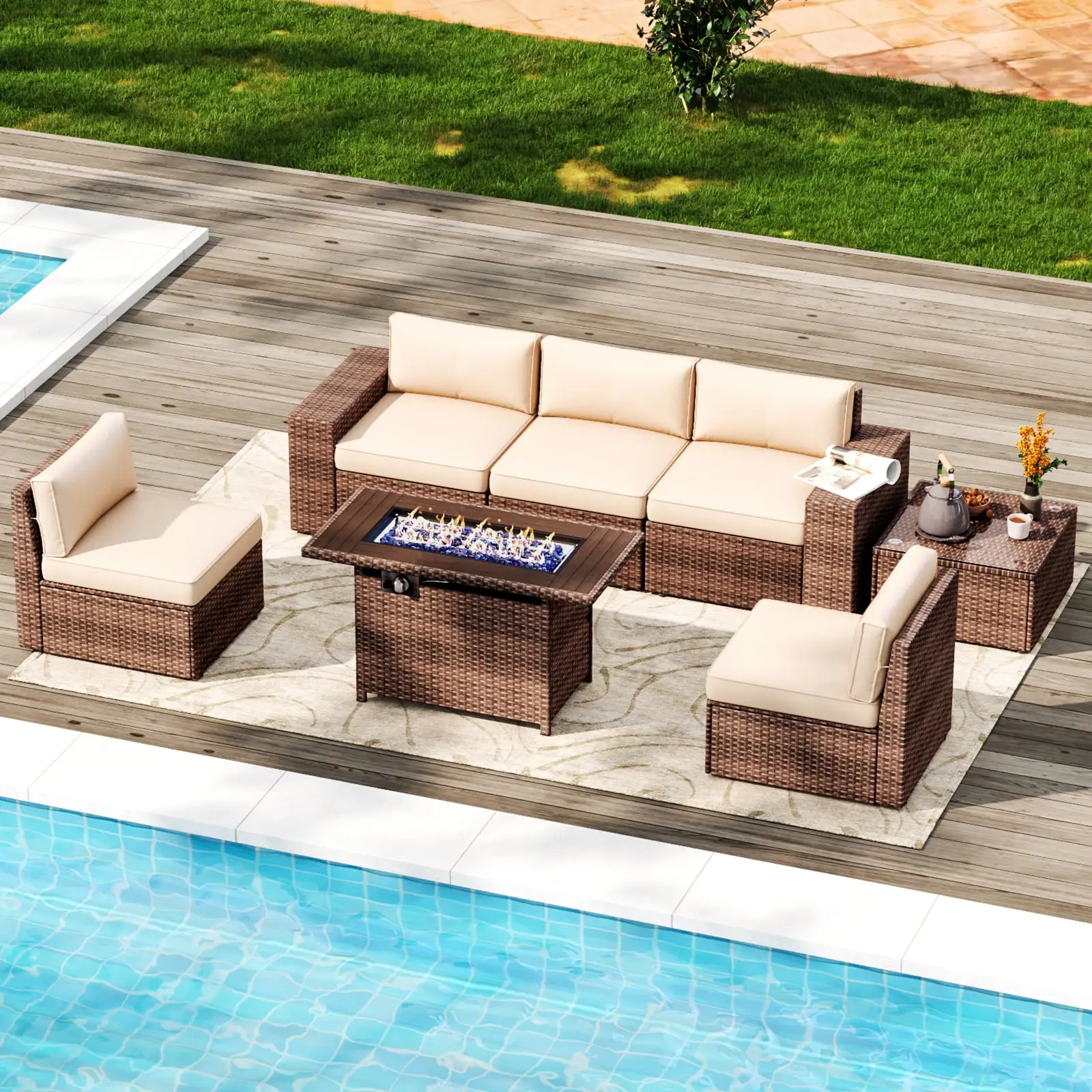 Aoxun 7 PCS Patio Furniture Set with 60000BUT Fire Pit TableInclude Waterproof Cover. Outdoor PE Wicker Rattan Sectional Sofa Conversation Set. Beige