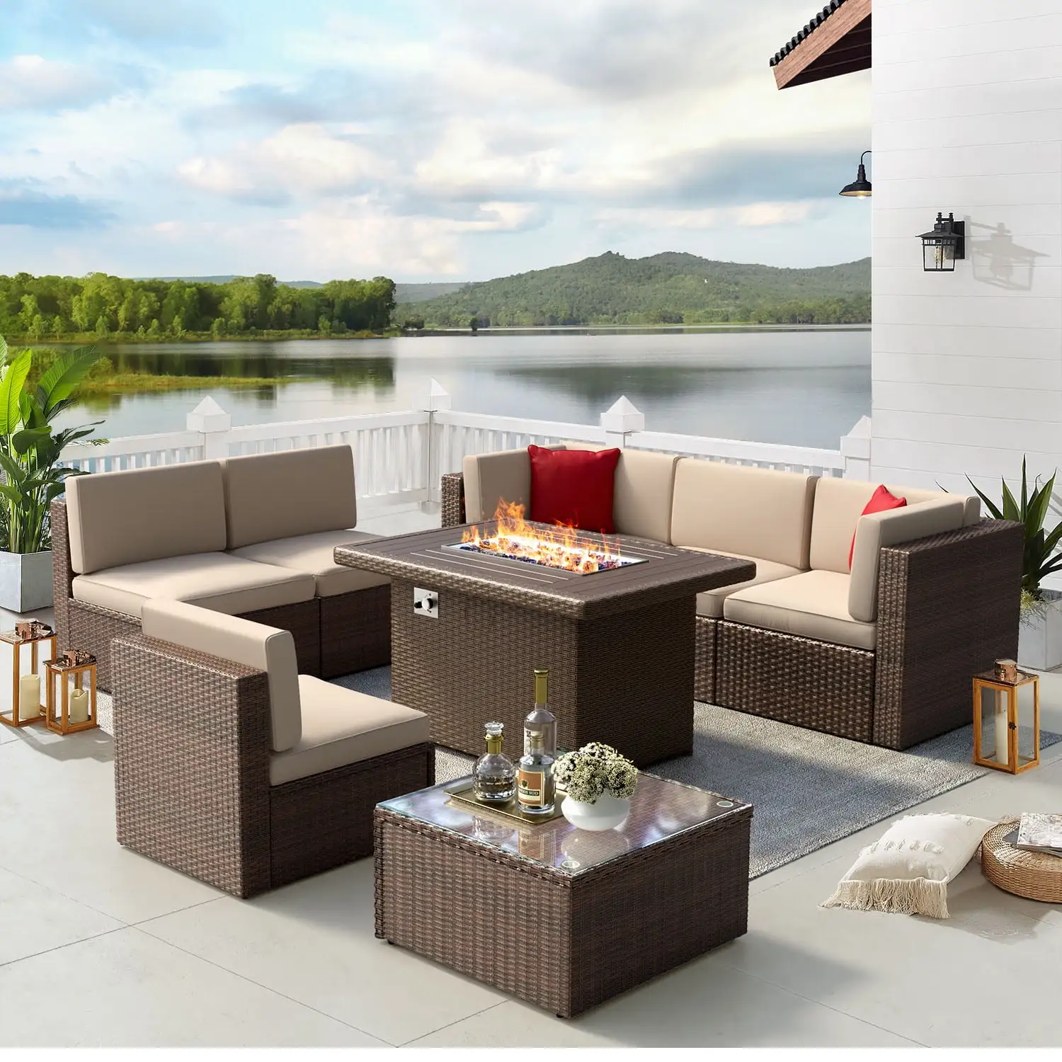 Aoxun 8 PCS Outdoor Patio Furniture Set with 44-inch Fire Pit Table. Brown Cushions