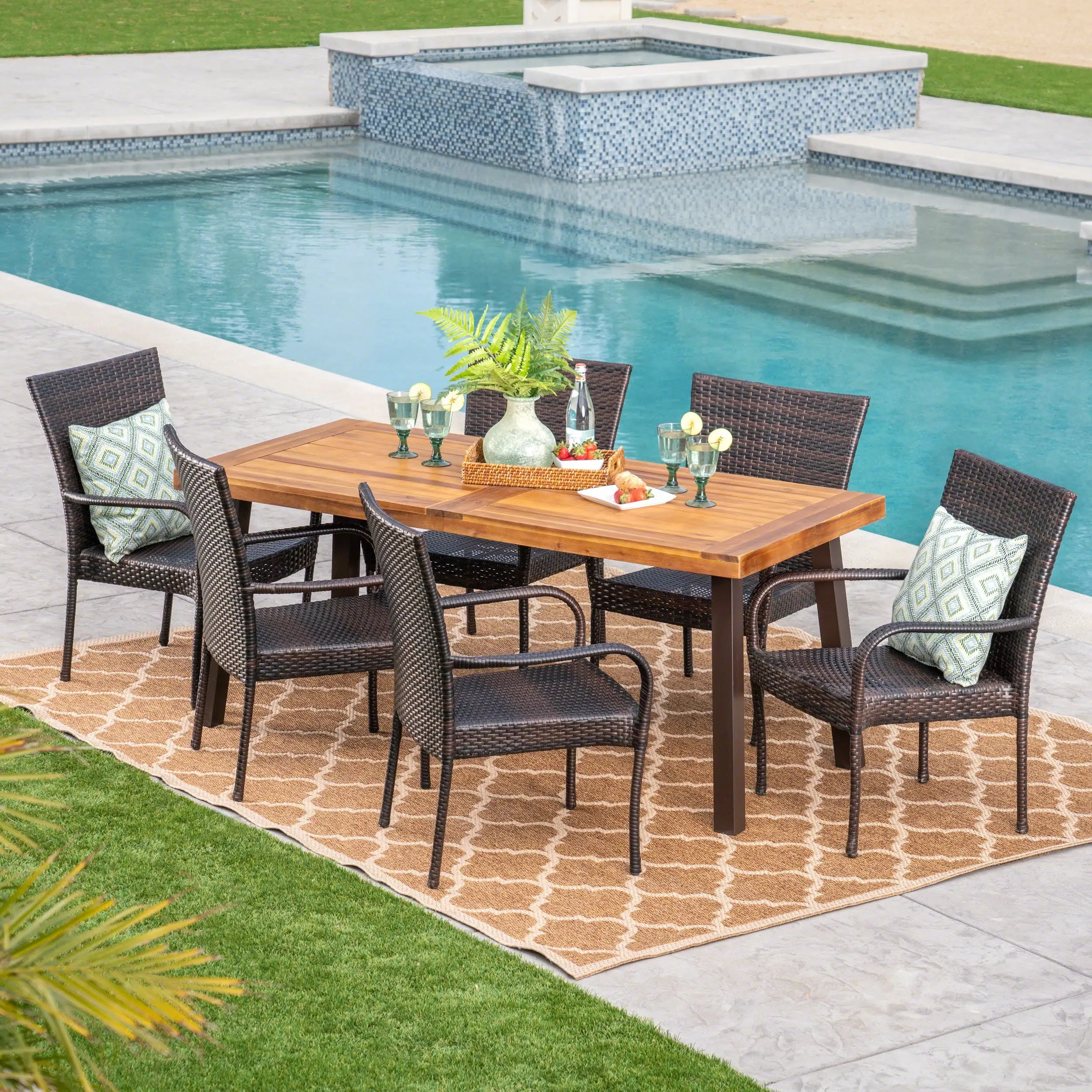 Arabella Outdoor 7 Piece Acacia Wood Wicker Dining Set. Multibrown. Teak. Rustic Metal