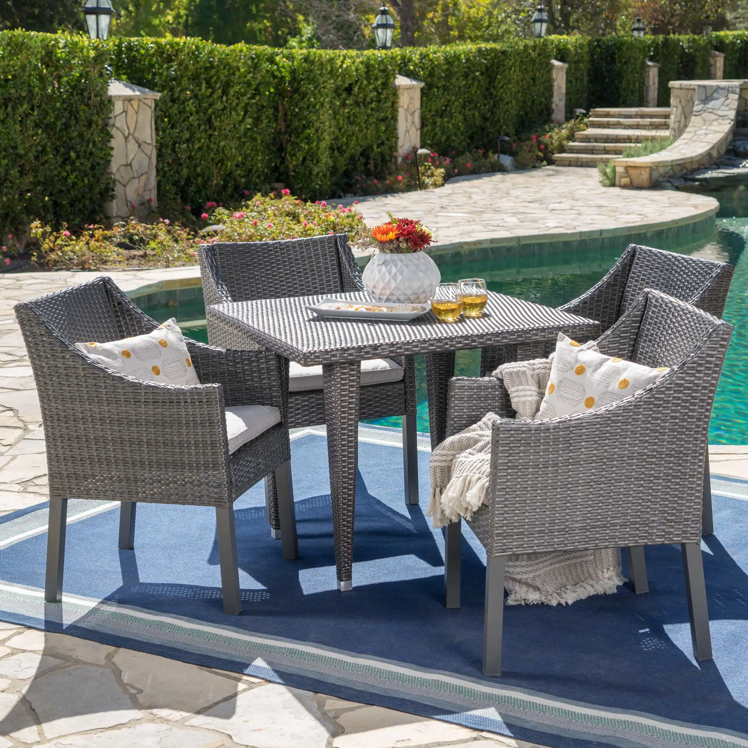 Arcadia Outdoor 5 Piece Wicker Square Dining Set with Cushions. Grey. Silver