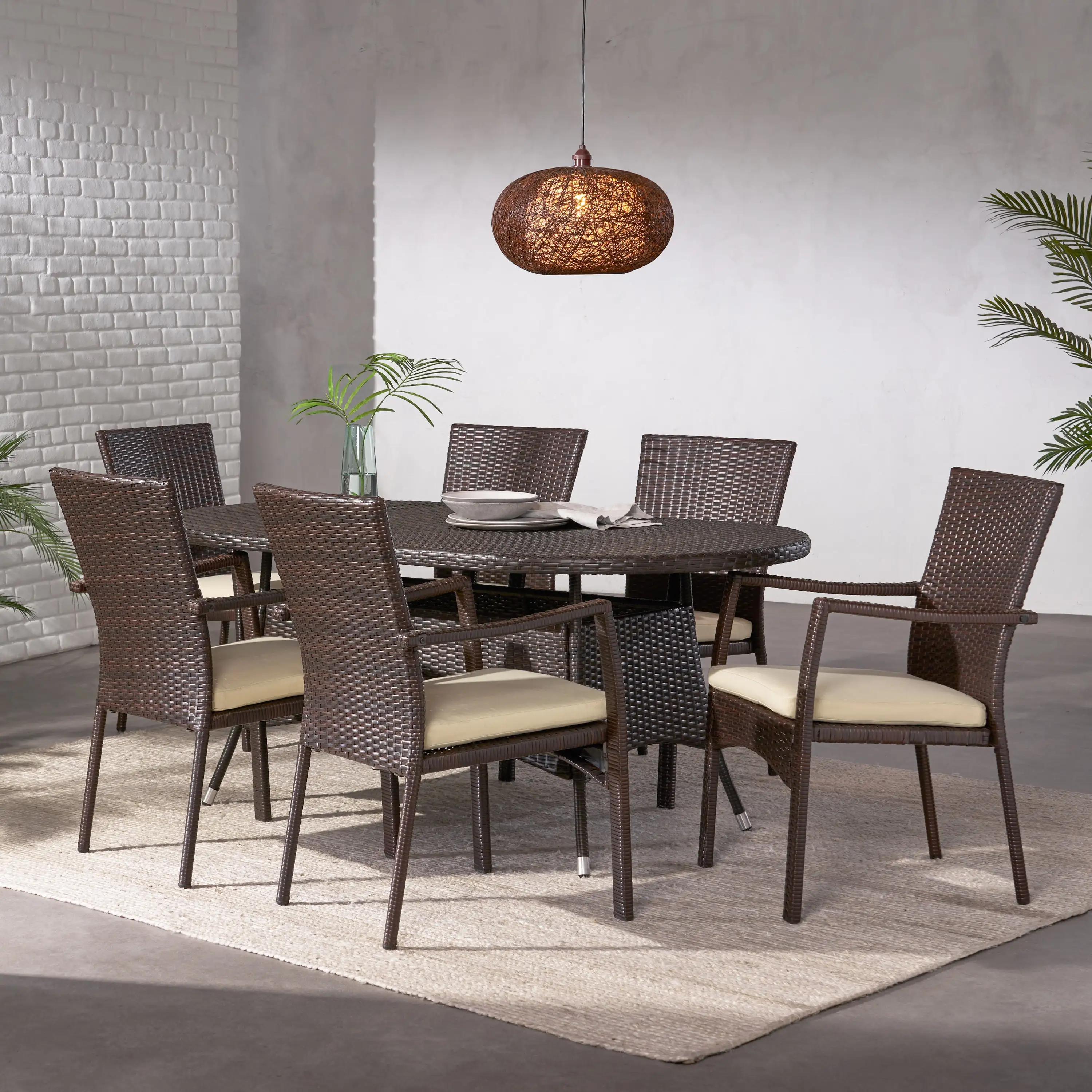 Archer 7 Piece Outdoor Oblong Wicker Dining Set. Multibrown