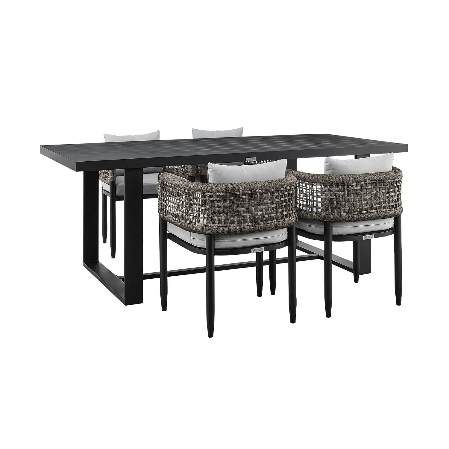 Armen Living Alegria Outdoor Patio 5-Piece Dining Table Set in Aluminum with Grey Rope and Cushions