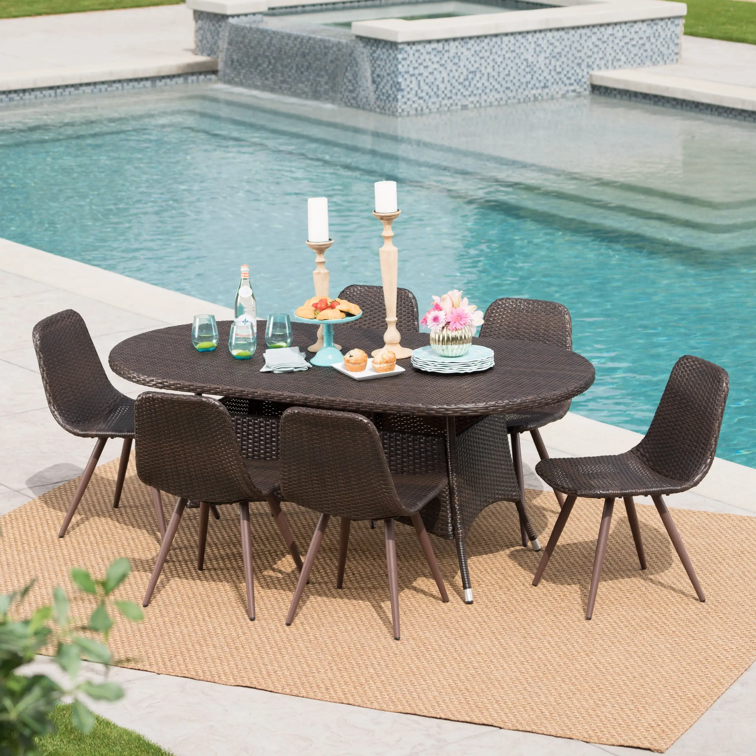 Arnold Outdoor 7 Piece Wicker Oval Dining Set. Multibrown