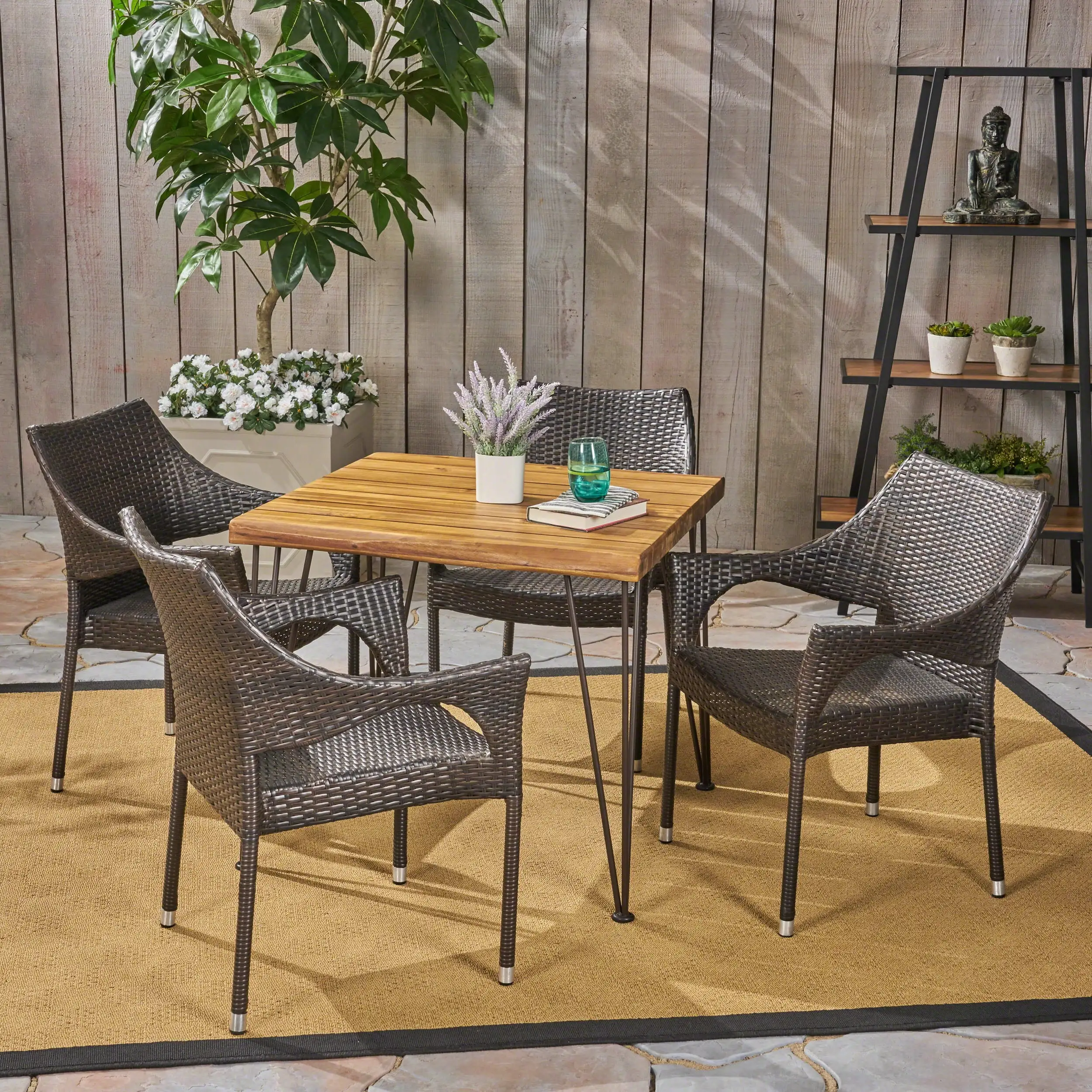 Arya Outdoor 5 Piece Industrial Wood and Wicker Square Dining Set. Multi Brown. Teak