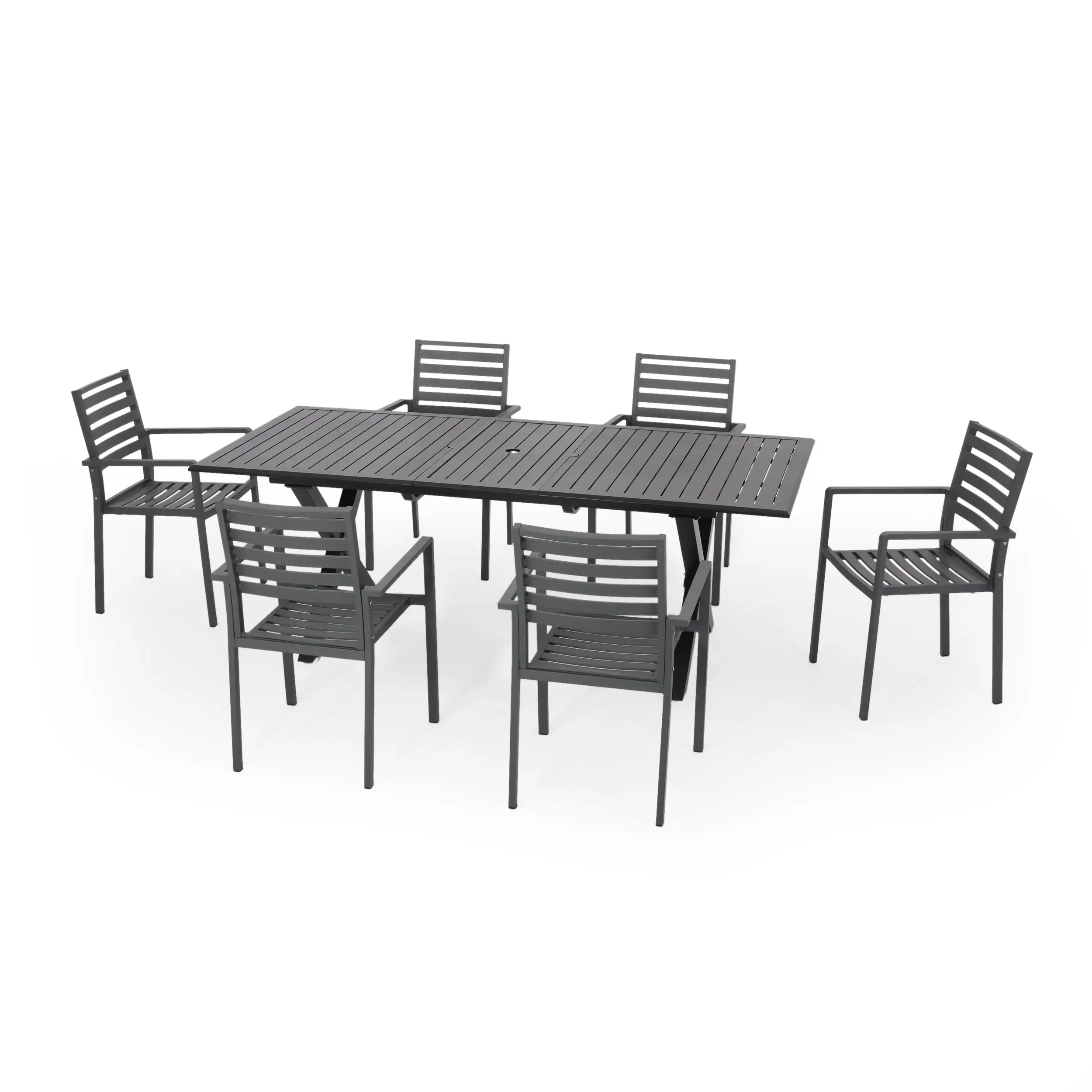 Asa Outdoor Modern 6 Seater Aluminum Dining Set with Expandable Table. Black. Gun Metal Gray