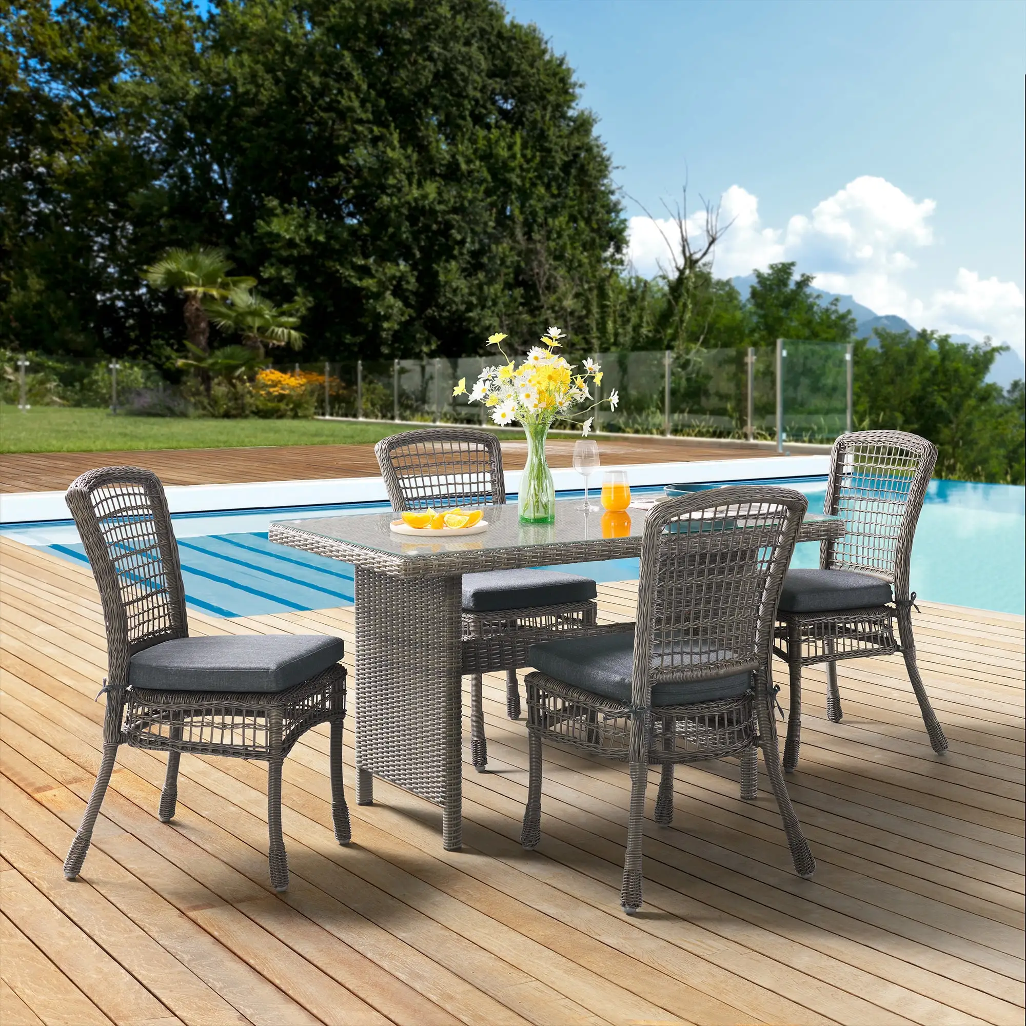 Asti All-Weather Wicker 5-Piece Outdoor Dining Set with 30 H Dining Table with Glass Top and Four Dining Chairs