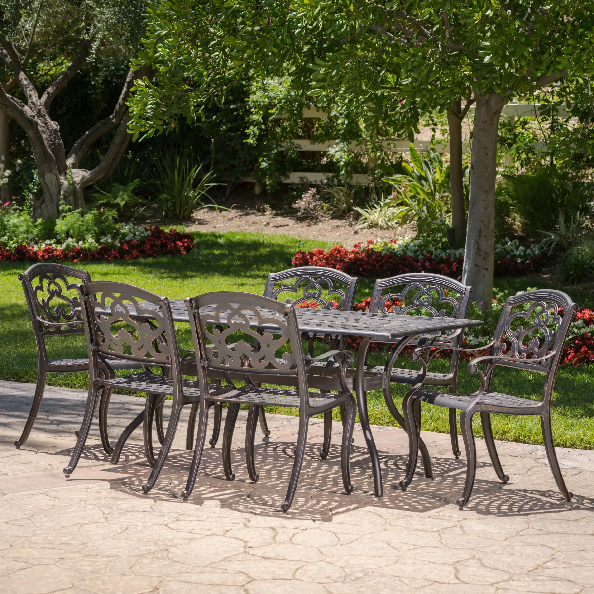 Atlanta Outdoor 7 Piece Cast Aluminum Rectangular Dining Set. Shiny Copper Finish