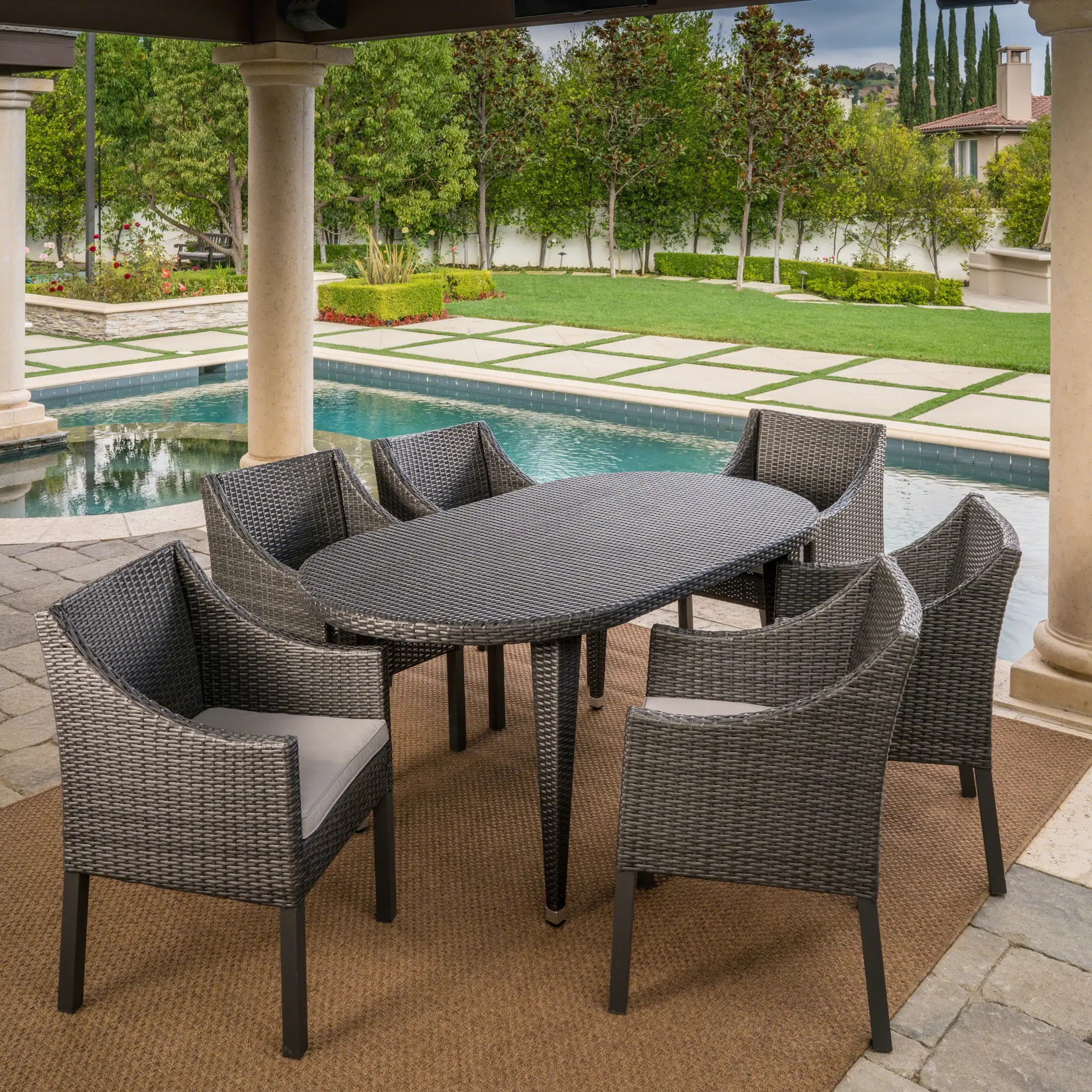 Austin Outdoor 7 Piece Wicker Oval Dining Set with Cushions. Grey. Silver