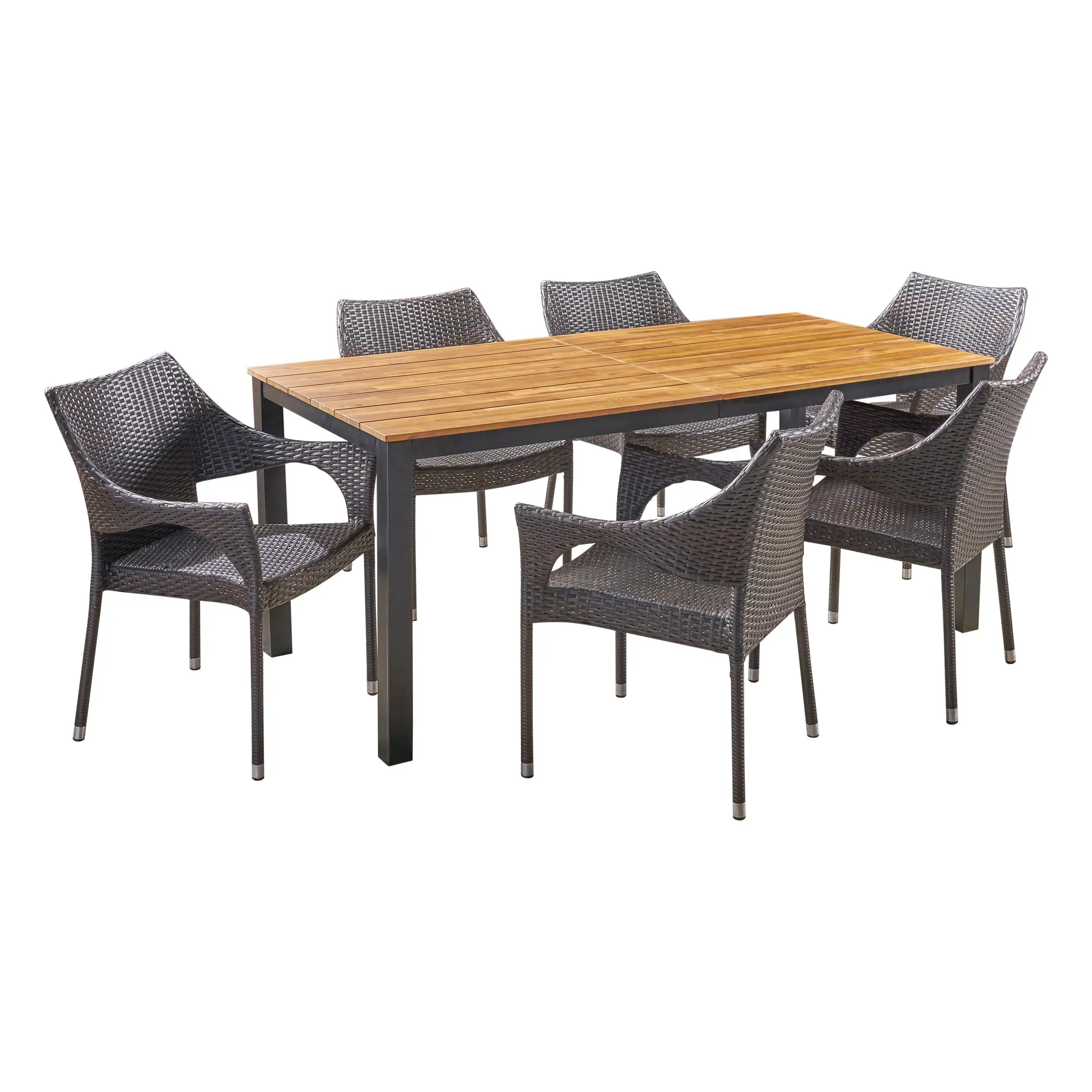 Avery Outdoor 7 Piece Acacia Wood Dining Set with Stacking Wicker Chairs. Teak Finish