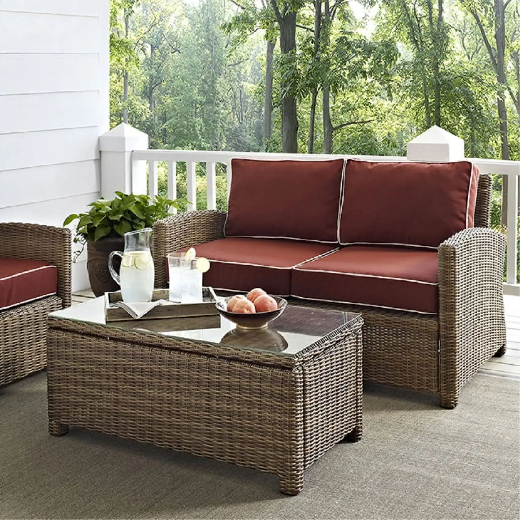 BRADENTON 2 PIECE OUTDOOR WICKER SEATING SET WITH SANGRIA CUSHIONS - LOVESEAT & GLASS TOP TABLE