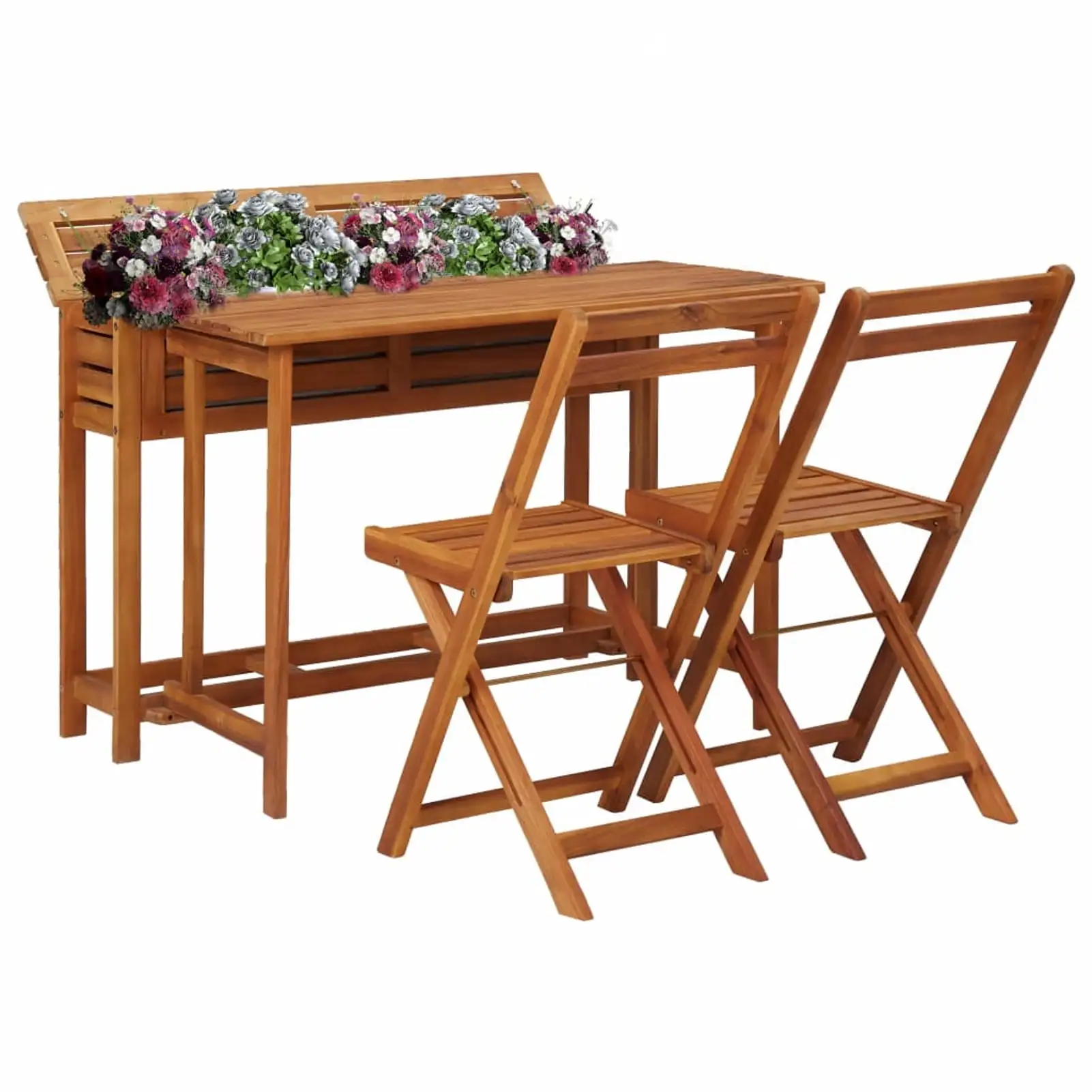 Balcony Planter Table with 2 Bistro Chairs Solid Acacia Wood