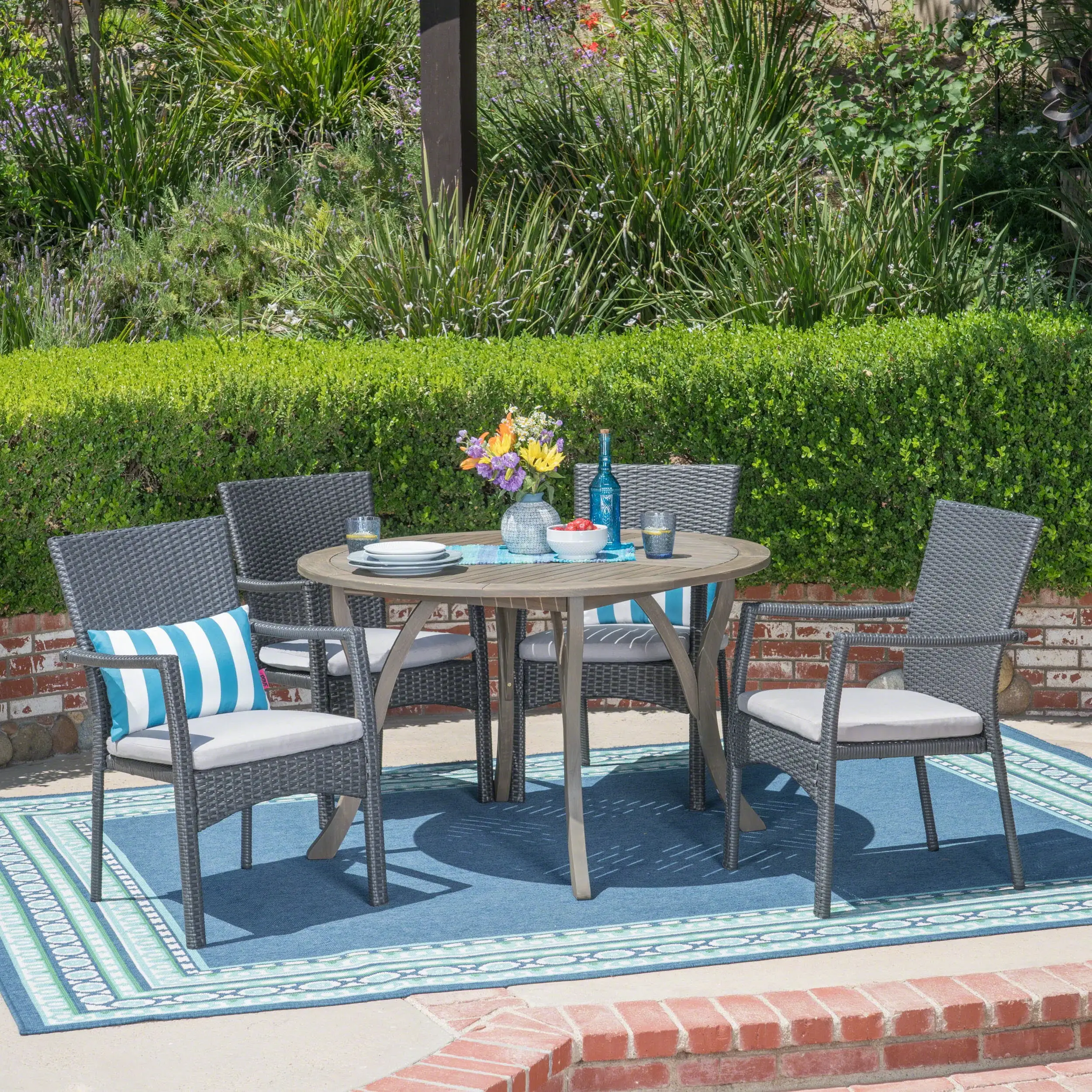 Baldwin Outdoor 5 Piece Acacia Wood and Wicker Dining Set with Cushions. Gray. Gray