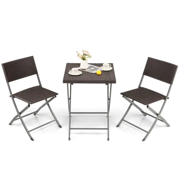 Barara King 3 Pieces Patio Bistro Set with Folding Wicker Chairs and Table-Brown