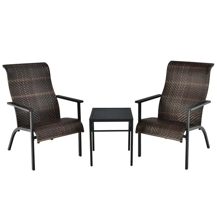 Barara King Garden Conversation Table Set. Conversation Loveseat Chairs Set. 3 Pieces Patio Rattan Bistro Set with High Backrest and Armrest-Brown