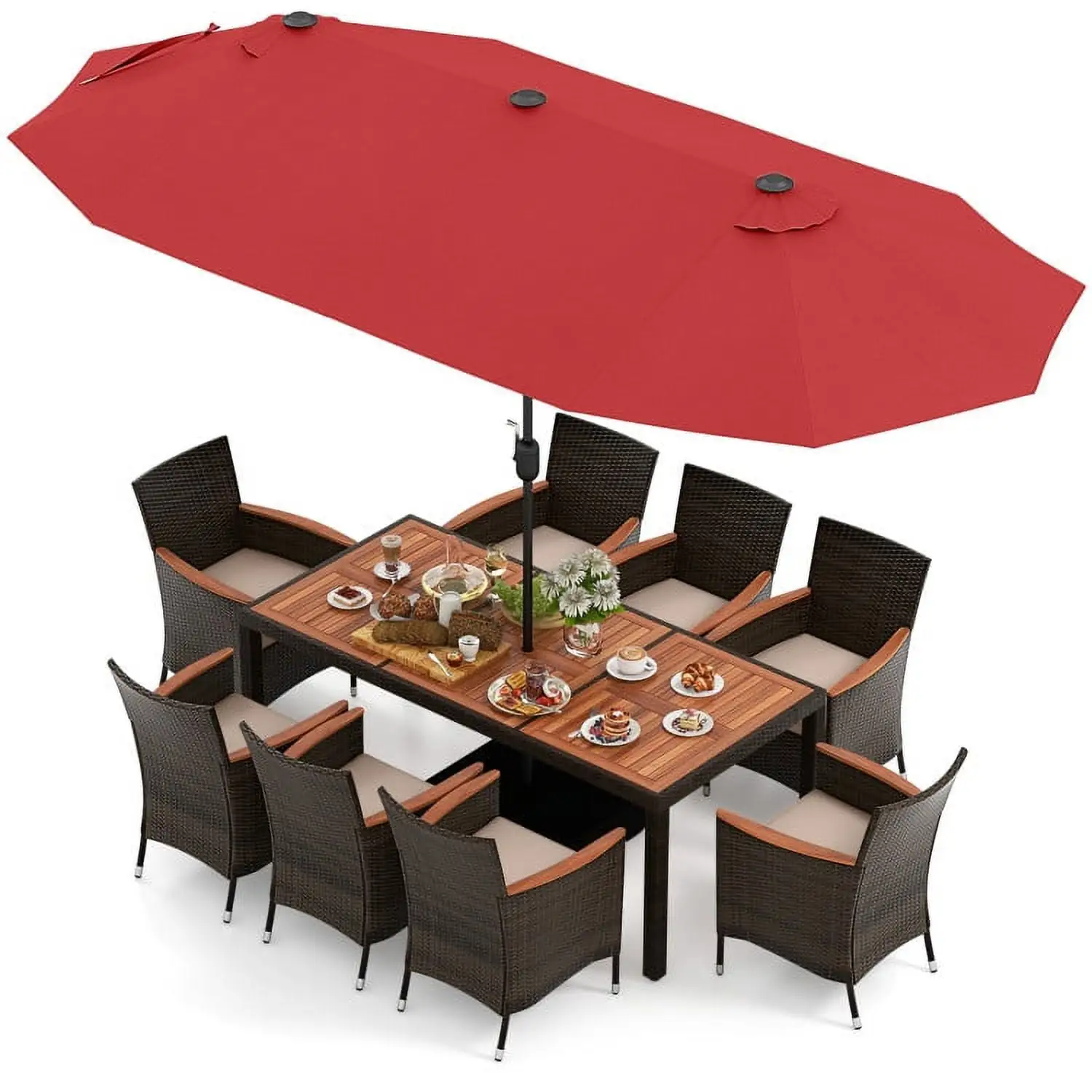 Barara King Garden Conversation Table Set. Conversation Loveseat Chairs Set. 9 Piece Outdoor Dining Set with 15 Feet Double-Sided Twin Patio Umbrella-Red