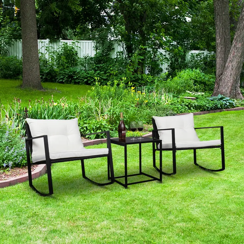 Barara King Patio Conversation Table Chair Set. Outdoor Collection Set. 2Pcs Single Rocking Chair And 1Pc Coffee Table Iron Frame Tubing Exposed Black Four Lines