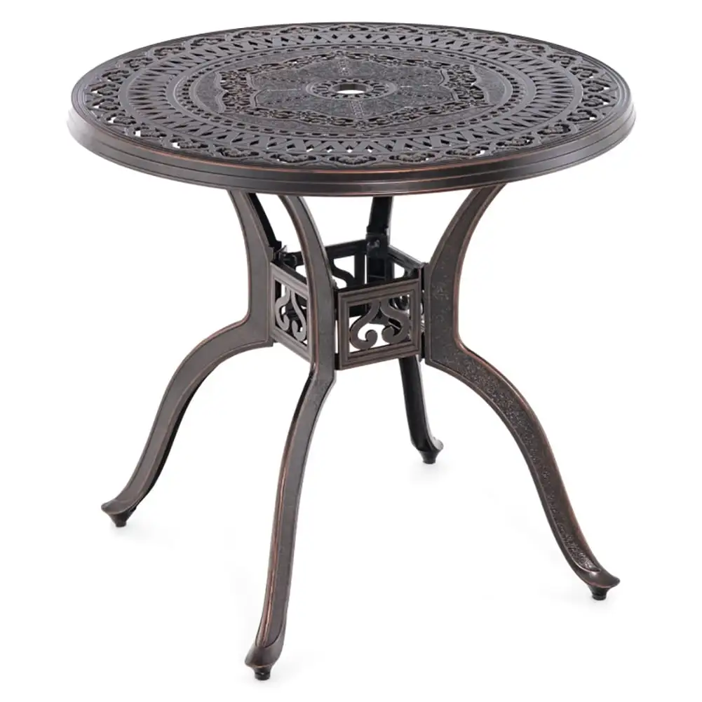 Barara King Side Table. End Table. Patio Coffee Bistro Table. 31.5 Cast Aluminum Table Patio Round Dining Table with Umbrella Hole-Copper