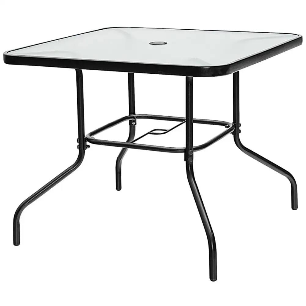 Barara King Side Table. End Table. Patio Coffee Bistro Table. 35 Inch Patio Dining Square Tempered Glass Table with Umbrella Hole