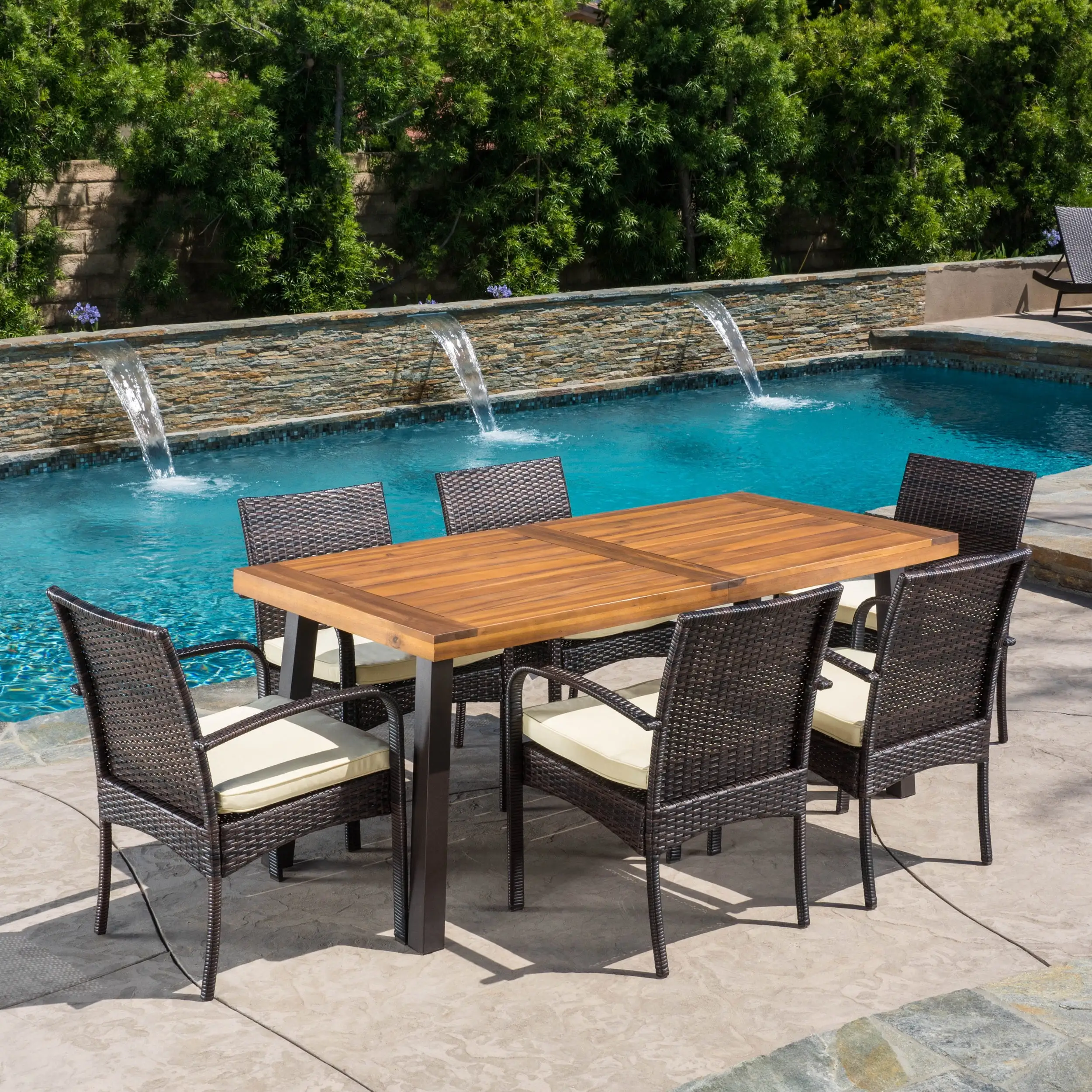 Baratta Outdoor Wicker and Acacia Wood 7-Piece Dining Set. Teak Finish and Cream