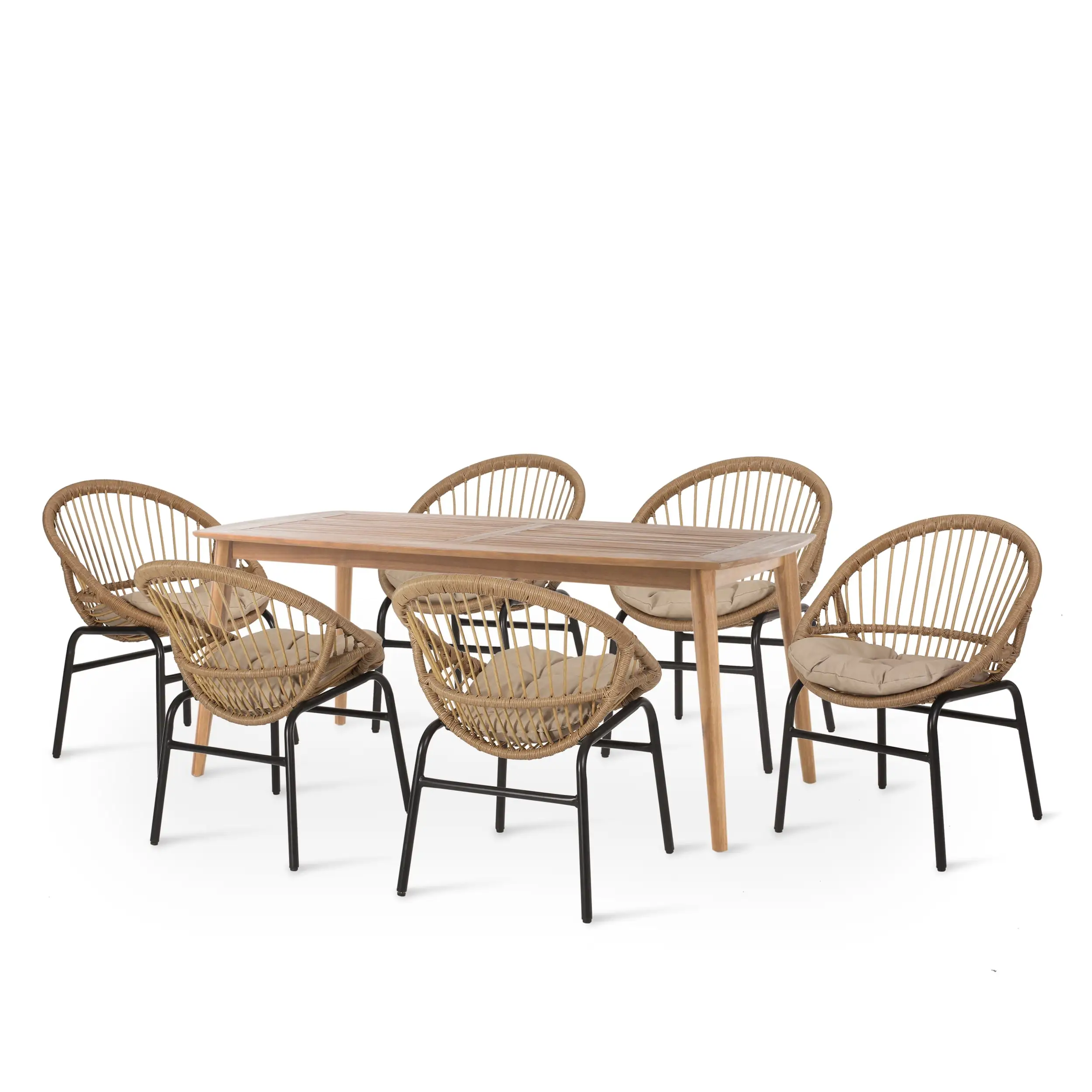 Baynes Wicker and Acacia Wood Outdoor 7 Piece Dining Set with Cushions. Light Brown. Beige. and Teak