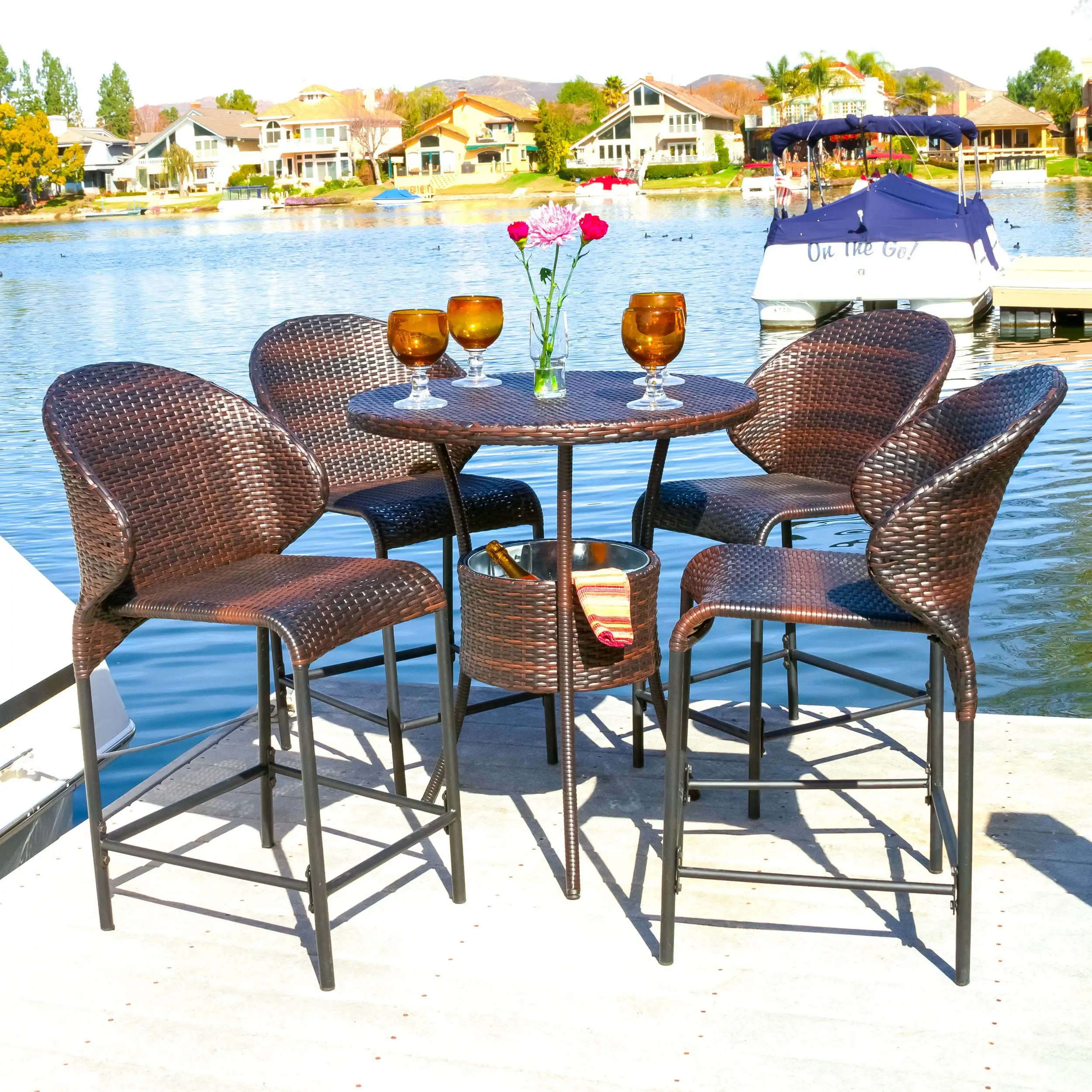 Bennett 5 Piece Wicker Outdoor Bistro Bar Set with Ice Pail. Multi-brown