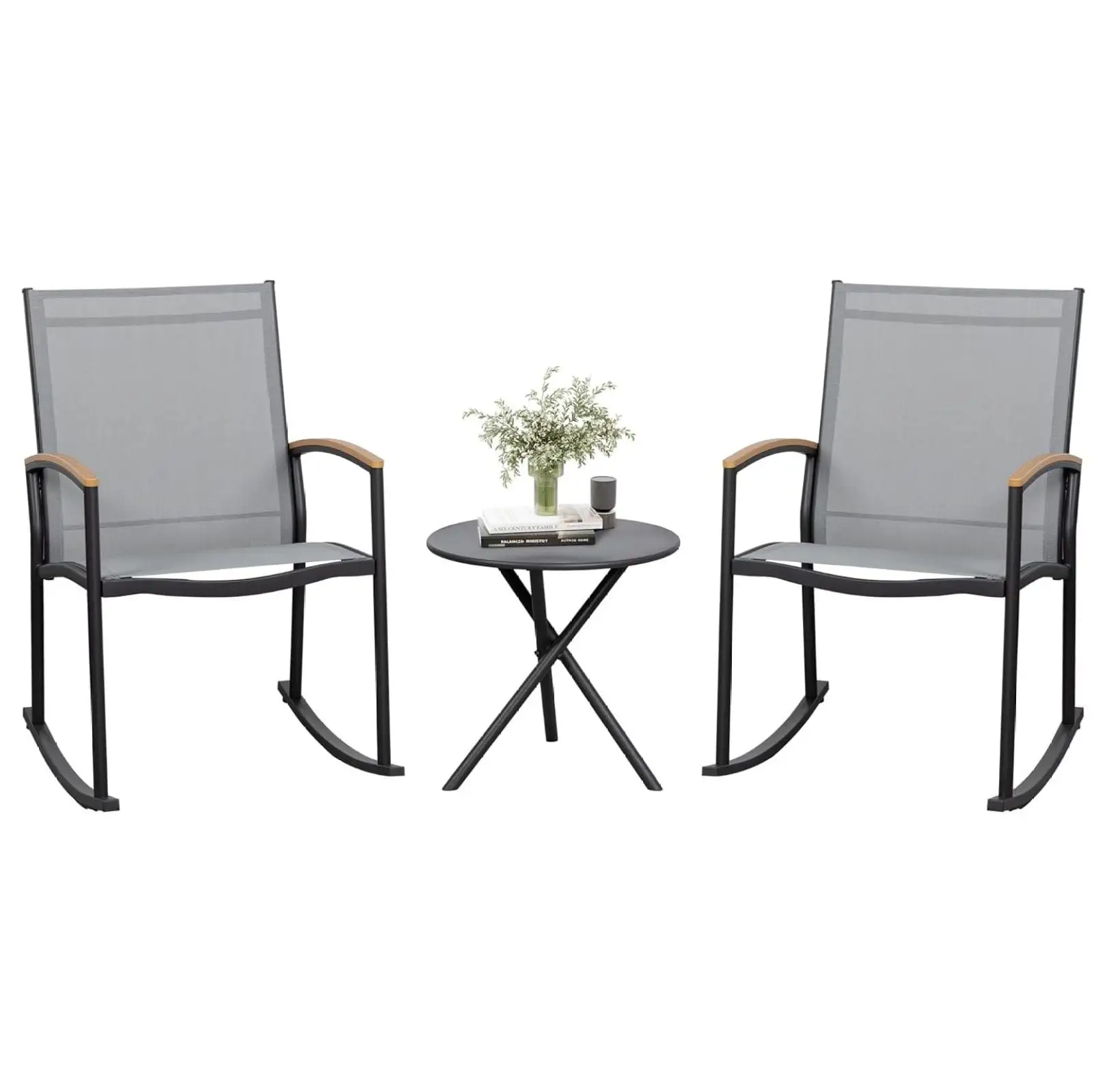 Bennium 3 Pieces Patio Set Outdoor Patio Furniture Sets. Modern Rocking Bistro Set Textilene Chair Conversation Sets with Detachable Pedal and Coffee Table. Light Gray