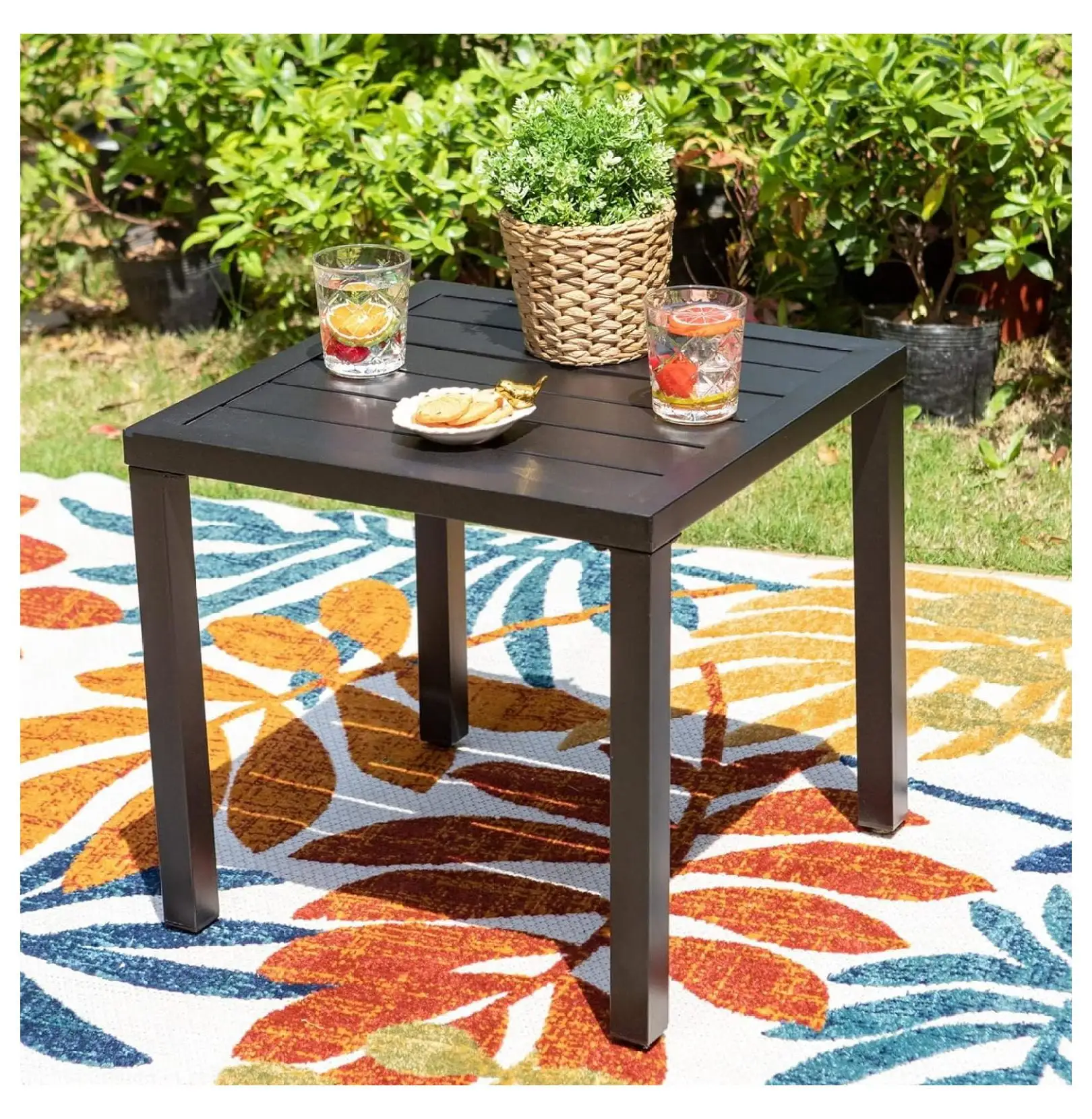 Bennium Black Patio Table Metal Square Coffee Tea Bistro Table Small Side End Adjustable Outdoor Furniture Table.Black