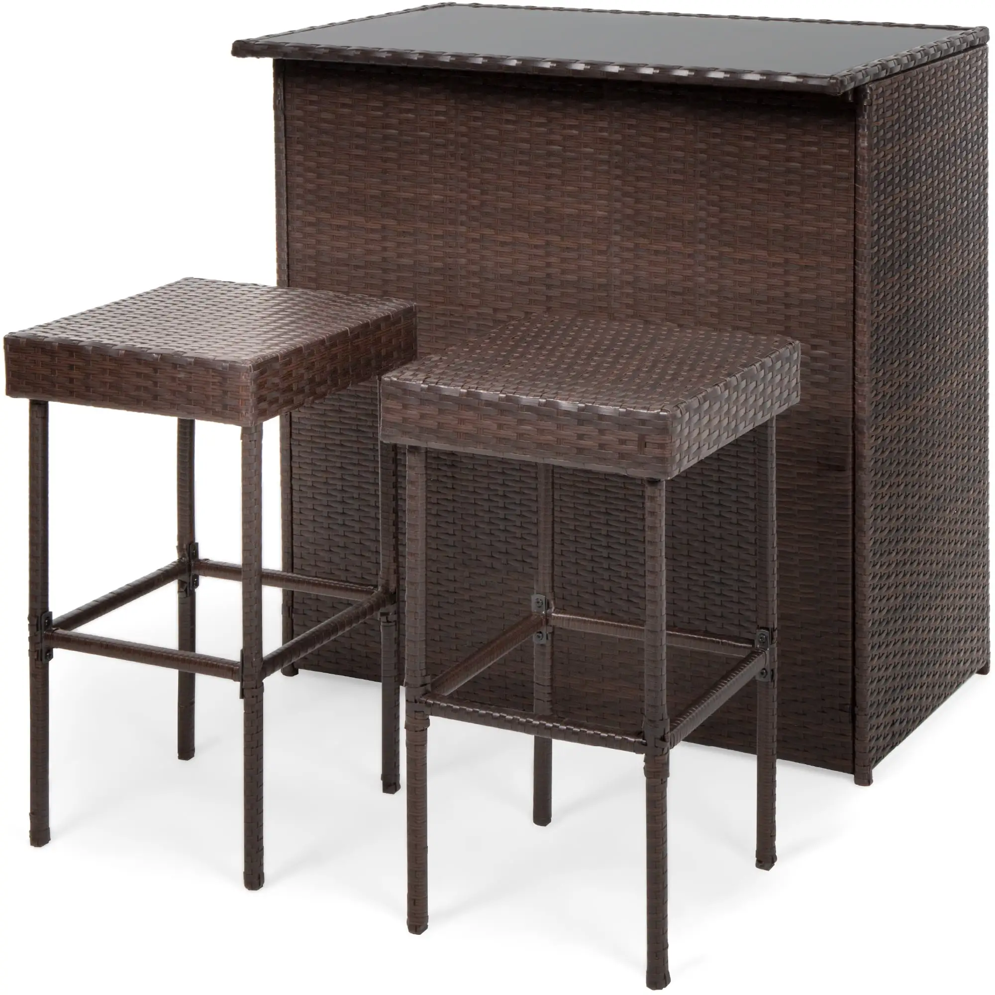 Best Choice Products 3-Piece All-Weather Wicker Bar Table Set for Patio. Backyard w/ 2 Stools. Glass Tabletop - Brown