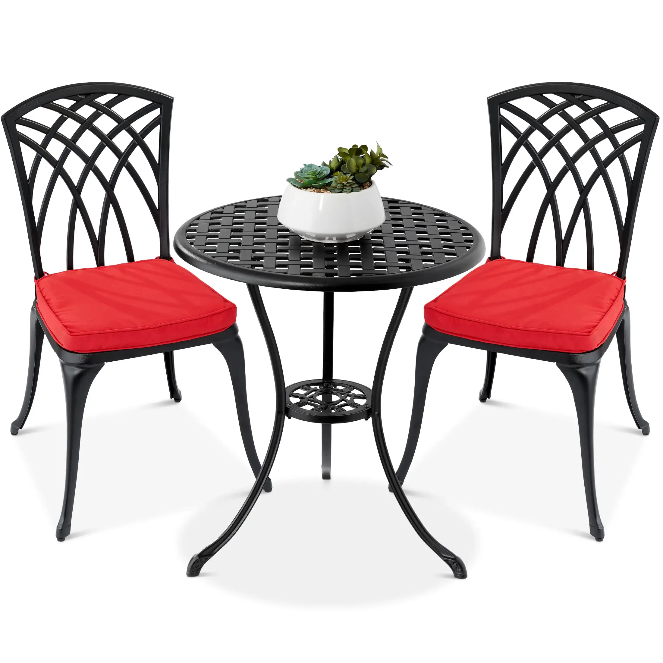 Best Choice Products 3-Piece Aluminum Patio Bistro Set w/ Umbrella Hole. 2 Chairs. Polyester Cushions - Black/Red