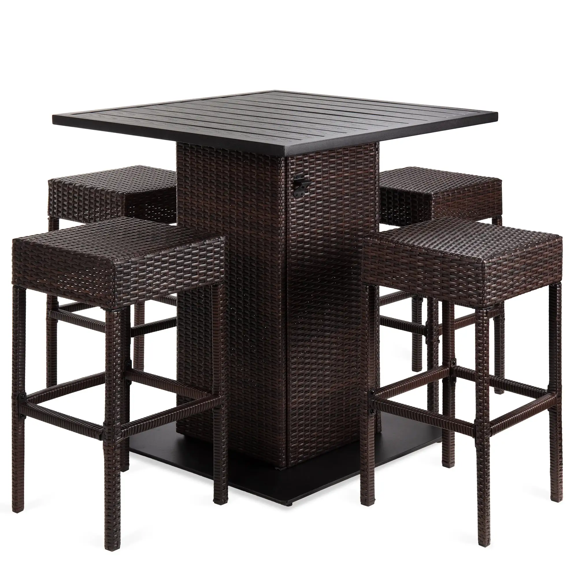 Best Choice Products 5-Piece Patio Wicker Bar Set w/ Built-In Bottle Opener. Hidden Storage Shelf. 4 Stools - Brown