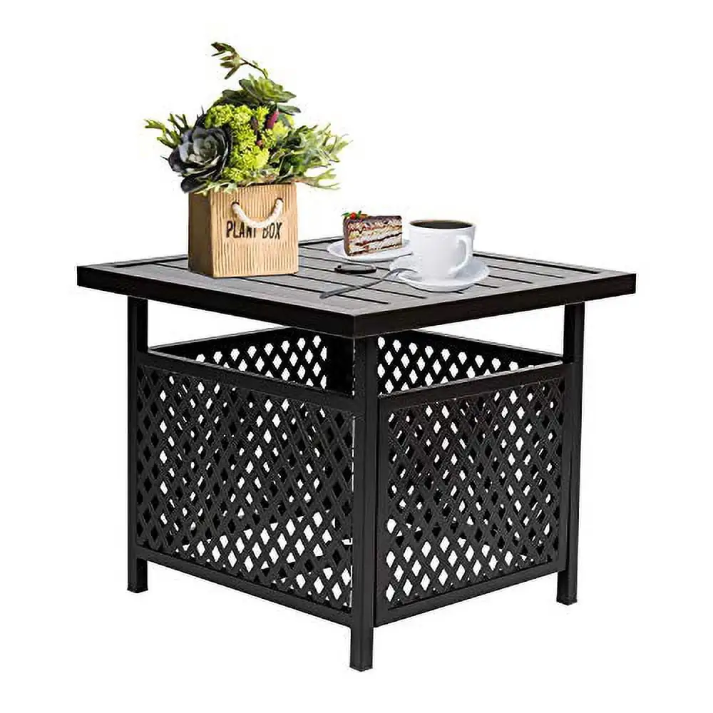 Betterland Outdoor Umbrella Side Table. Patio Metal Square Coffee Bistro Table with 1.57 Umbrella Hole. Black