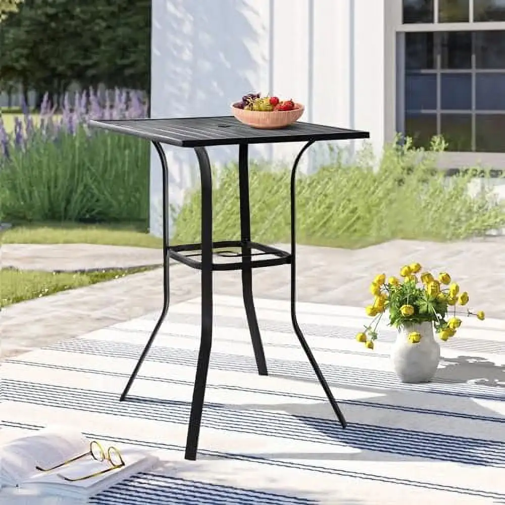 Betterland Patio Bar Table. Outdoor Square Bar Height Table Metal Bar Bistro Table. Metal Frame & Slat Tabletop with 1.57 Umbrella Hole