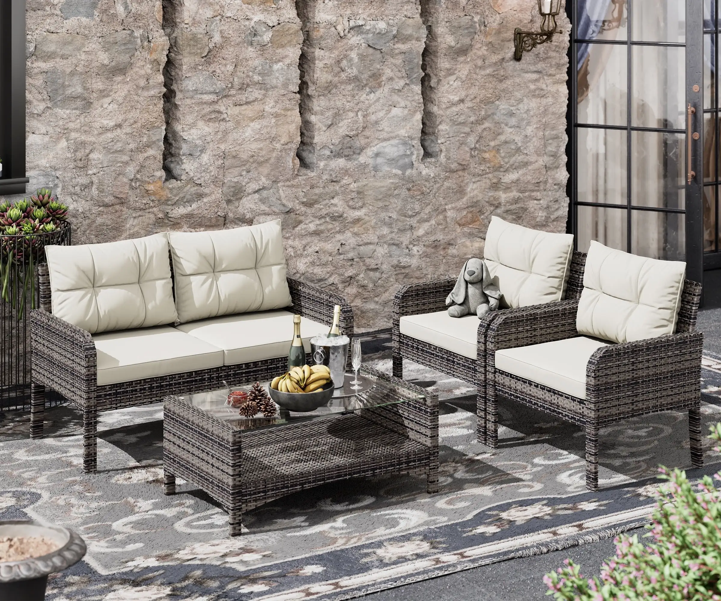 Bifanuo 4-Piece Patio Furniture Set Outdoor Rattan Wicker Sofa Set with Cushions & Coffee Table. Conversation Sofa Set with Tempered Glass Table Top