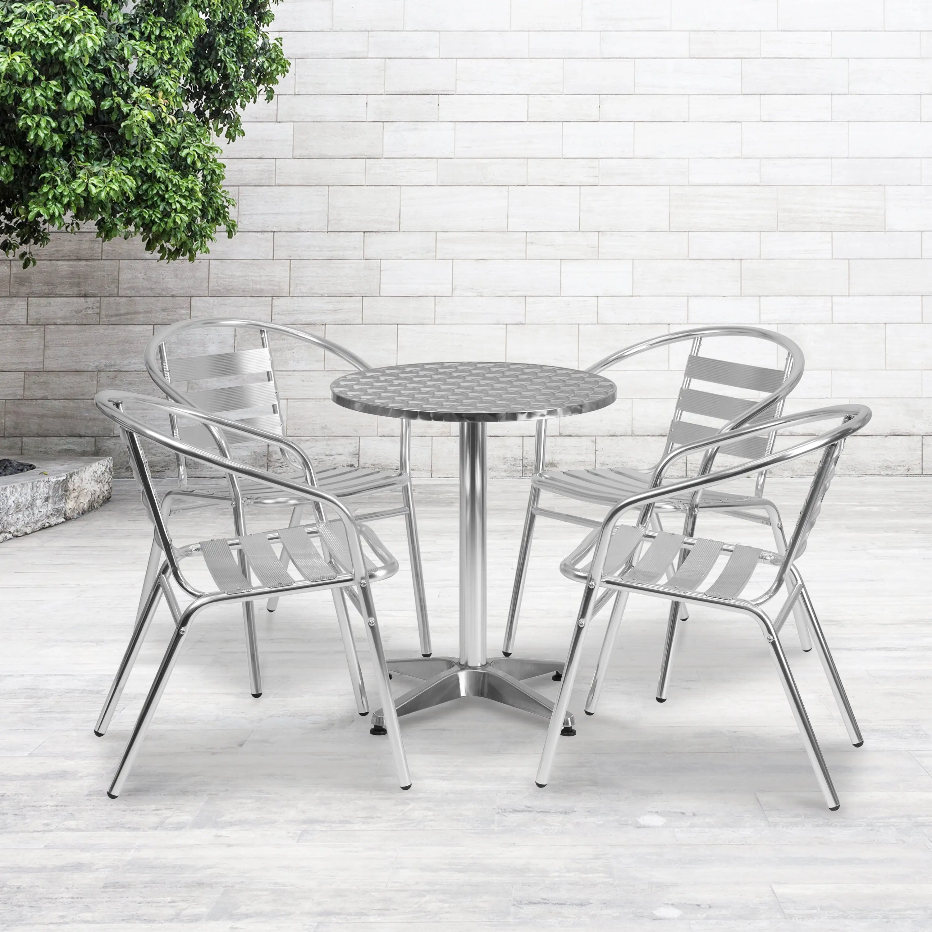 BizChair 23.5'' Round Aluminum Indoor-Outdoor Table Set with 4 Slat Back Chairs