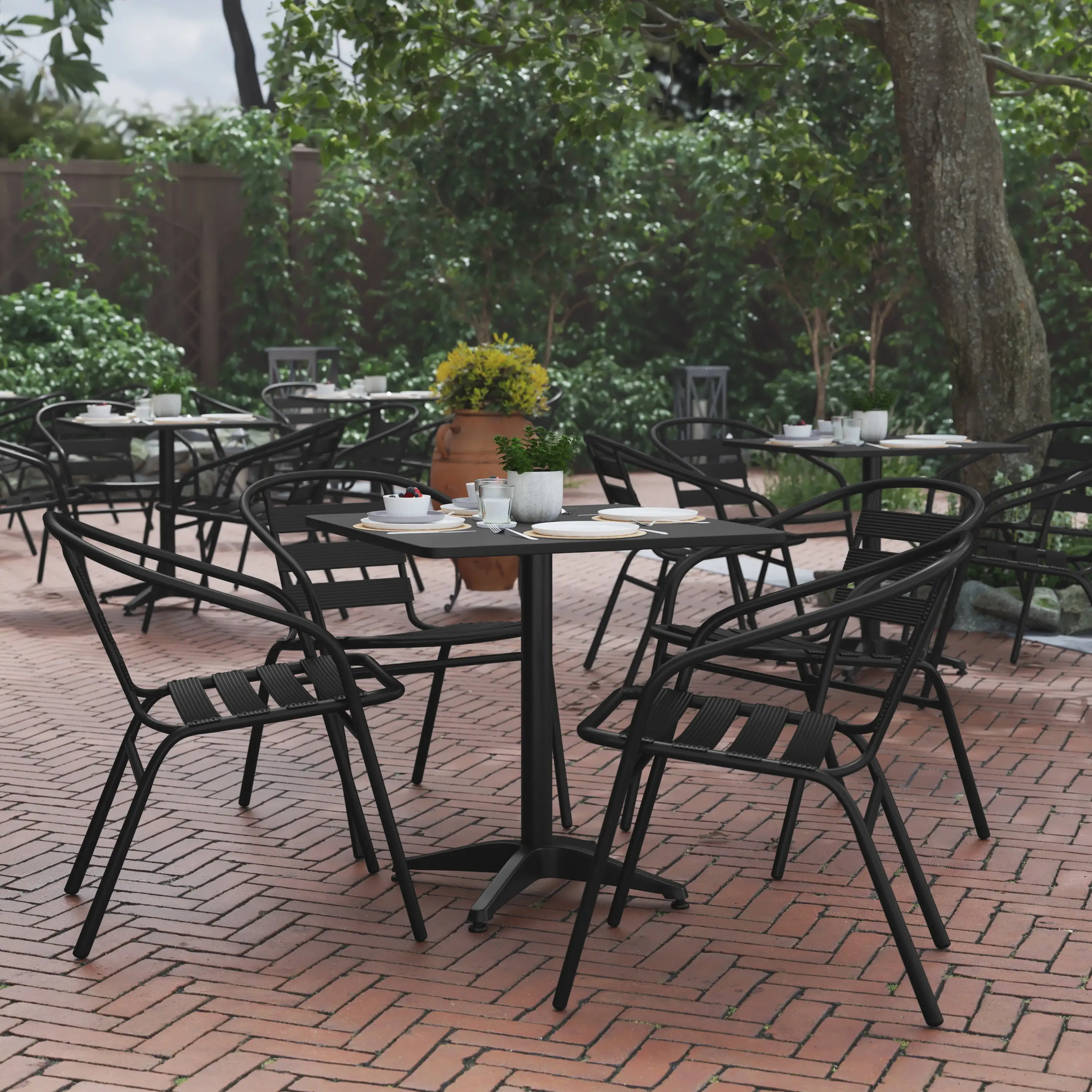 BizChair 27.5'' Black Square Aluminum Indoor-Outdoor Table Set with 4 Black Slat Back Chairs