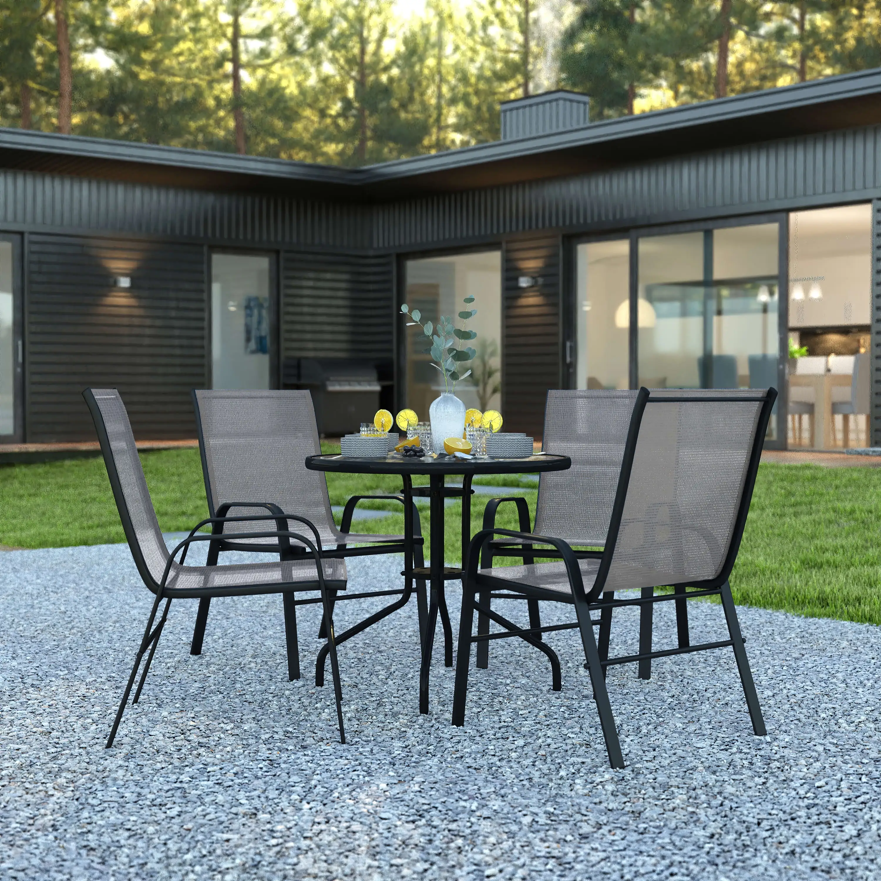 BizChair 5 Piece Outdoor Patio Dining Set - 31.5 Round Tempered Glass Patio Table. 4 Gray Flex Comfort Stack Chairs