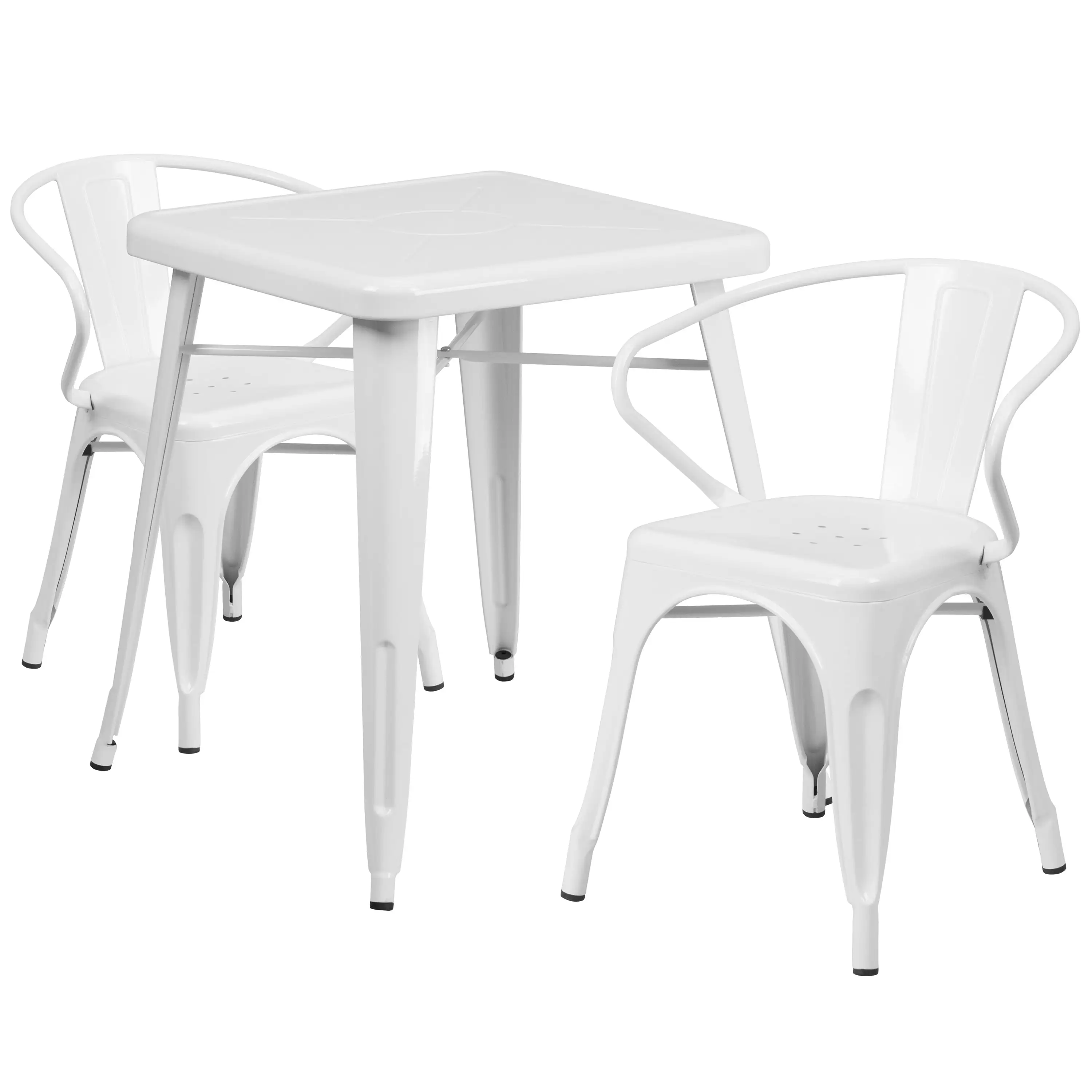 BizChair Commercial Grade 23.75 Square White Metal Indoor-Outdoor Table Set with 2 Arm Chairs