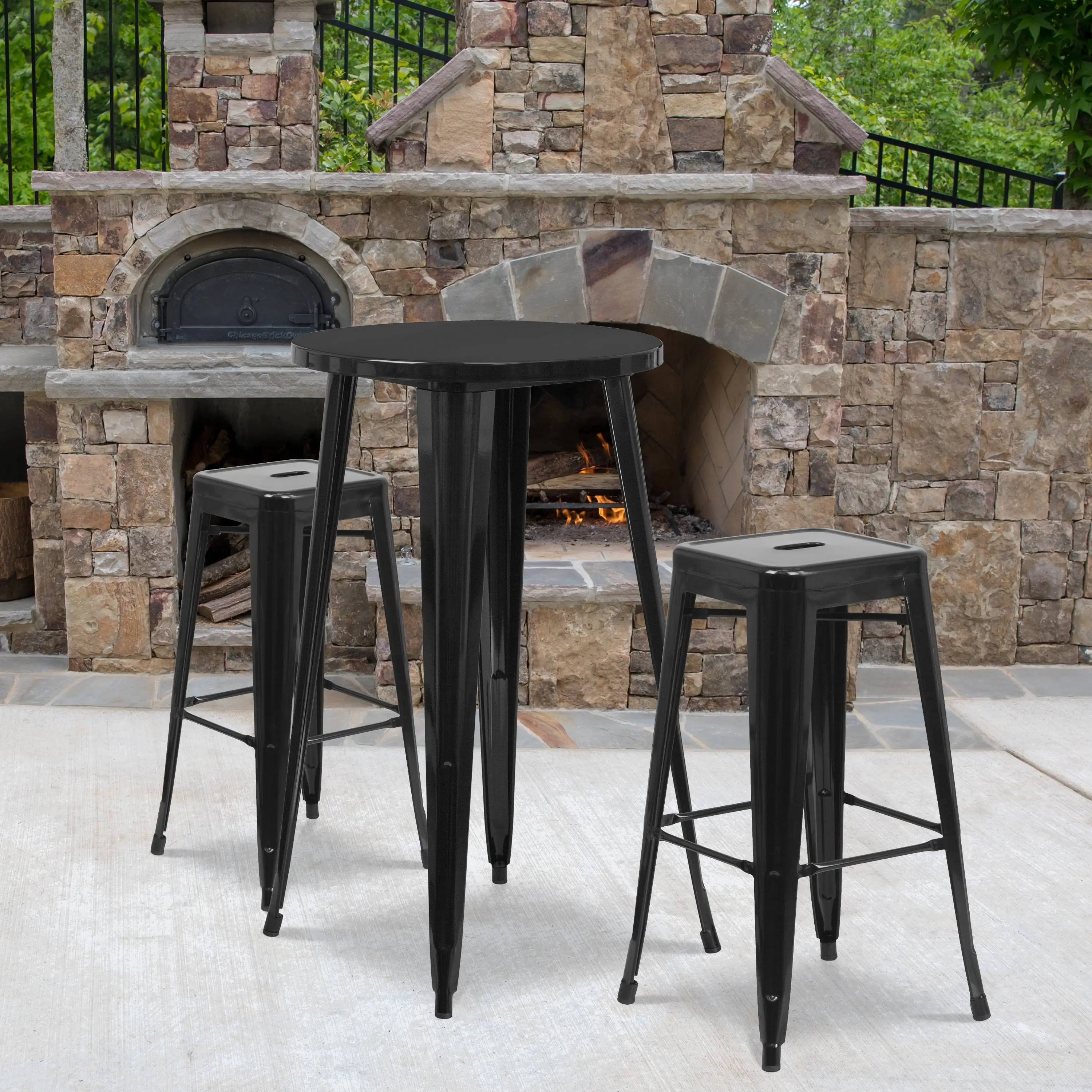 BizChair Commercial Grade 24 Round Black Metal Indoor-Outdoor Bar Table Set with 2 Square Seat Backless Stools