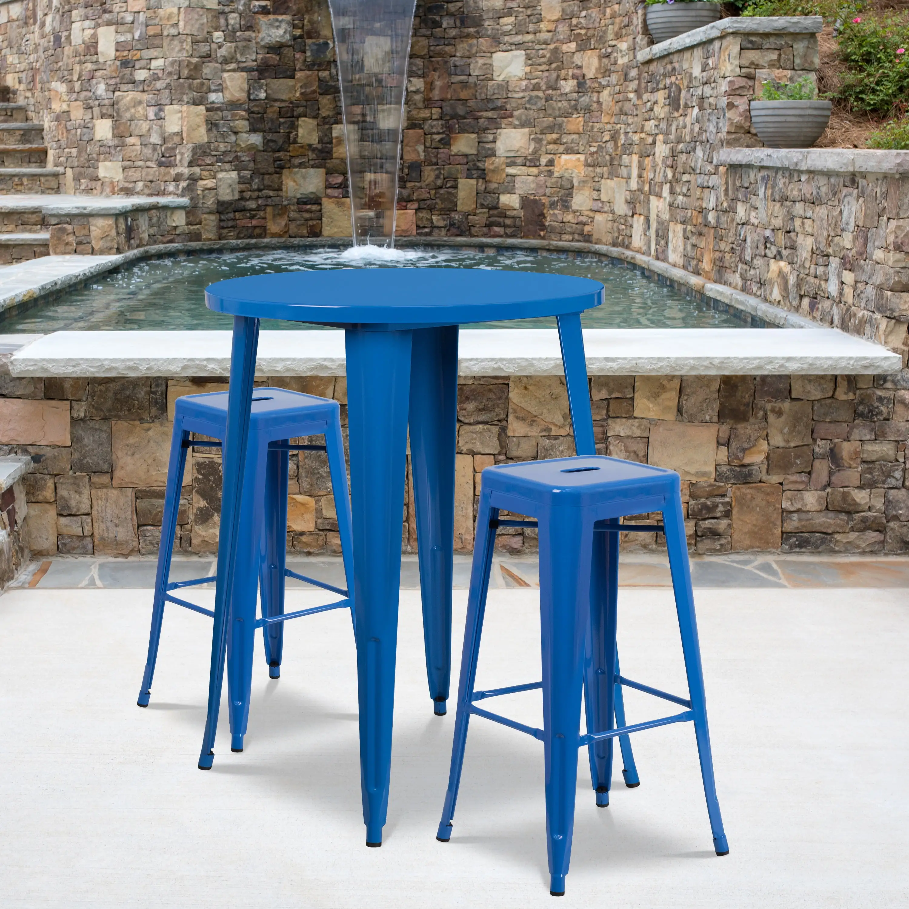 BizChair Commercial Grade 30 Round Blue Metal Indoor-Outdoor Bar Table Set with 2 Square Seat Backless Stools