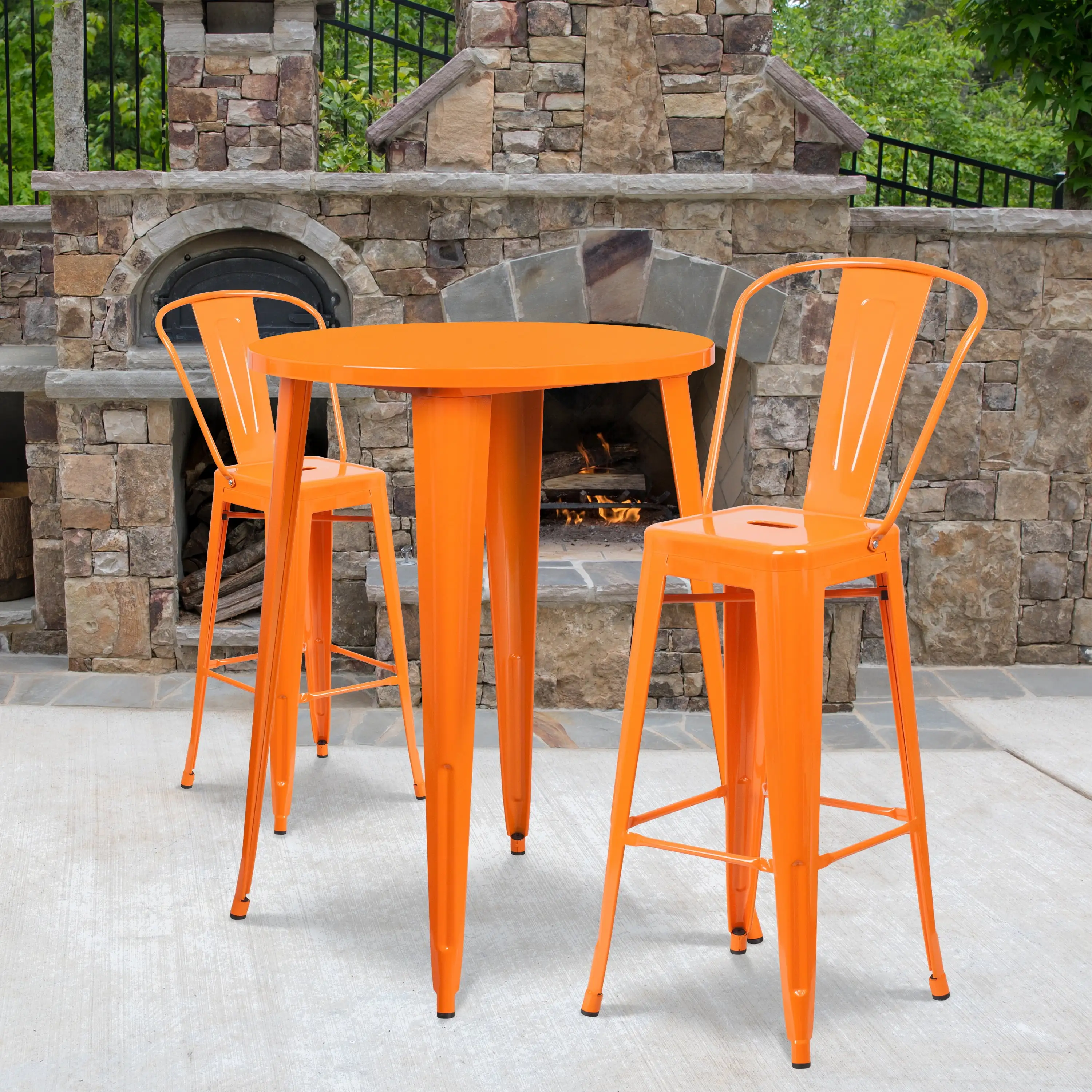 BizChair Commercial Grade 30 Round Orange Metal Indoor-Outdoor Bar Table Set with 2 Cafe Stools