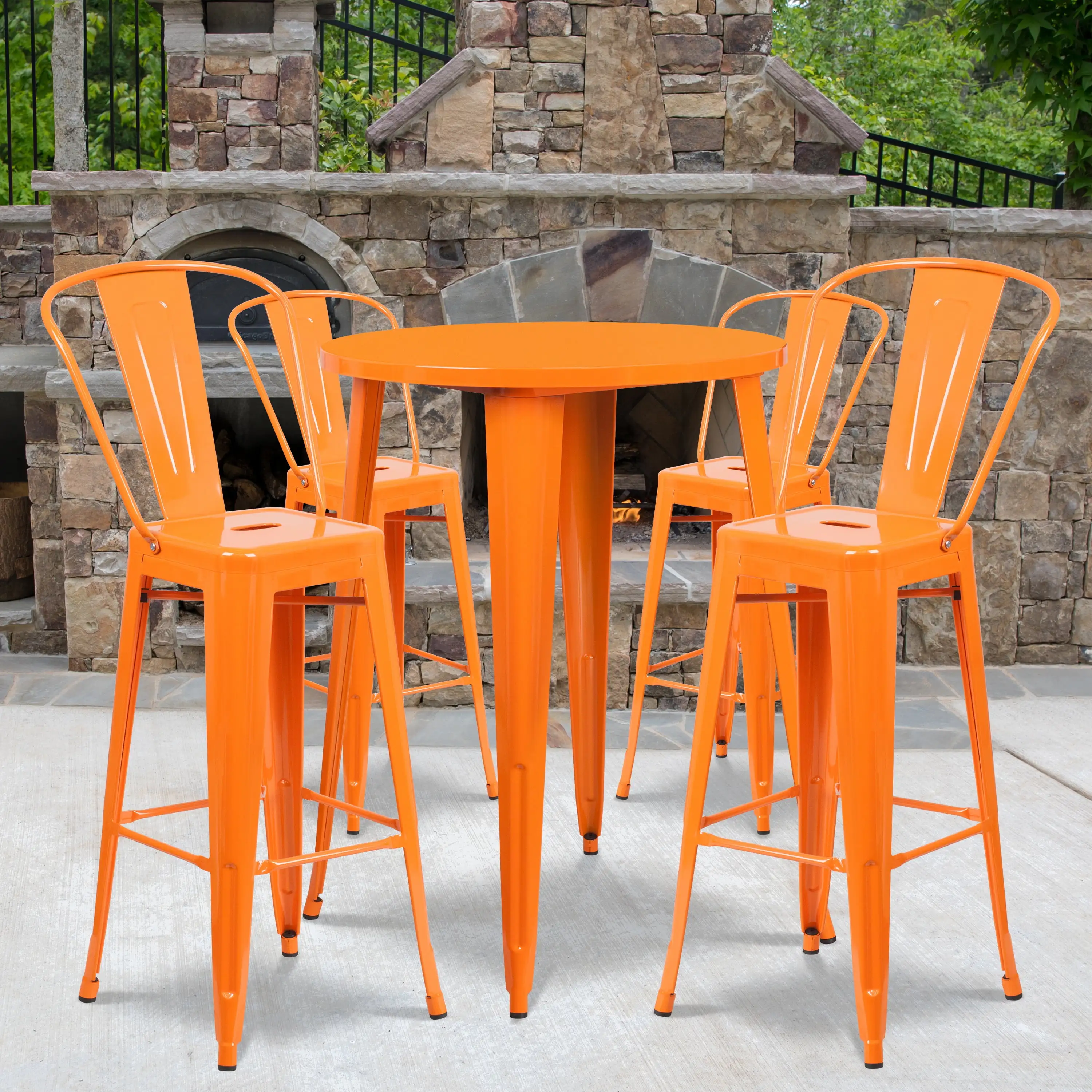 BizChair Commercial Grade 30 Round Orange Metal Indoor-Outdoor Bar Table Set with 4 Cafe Stools