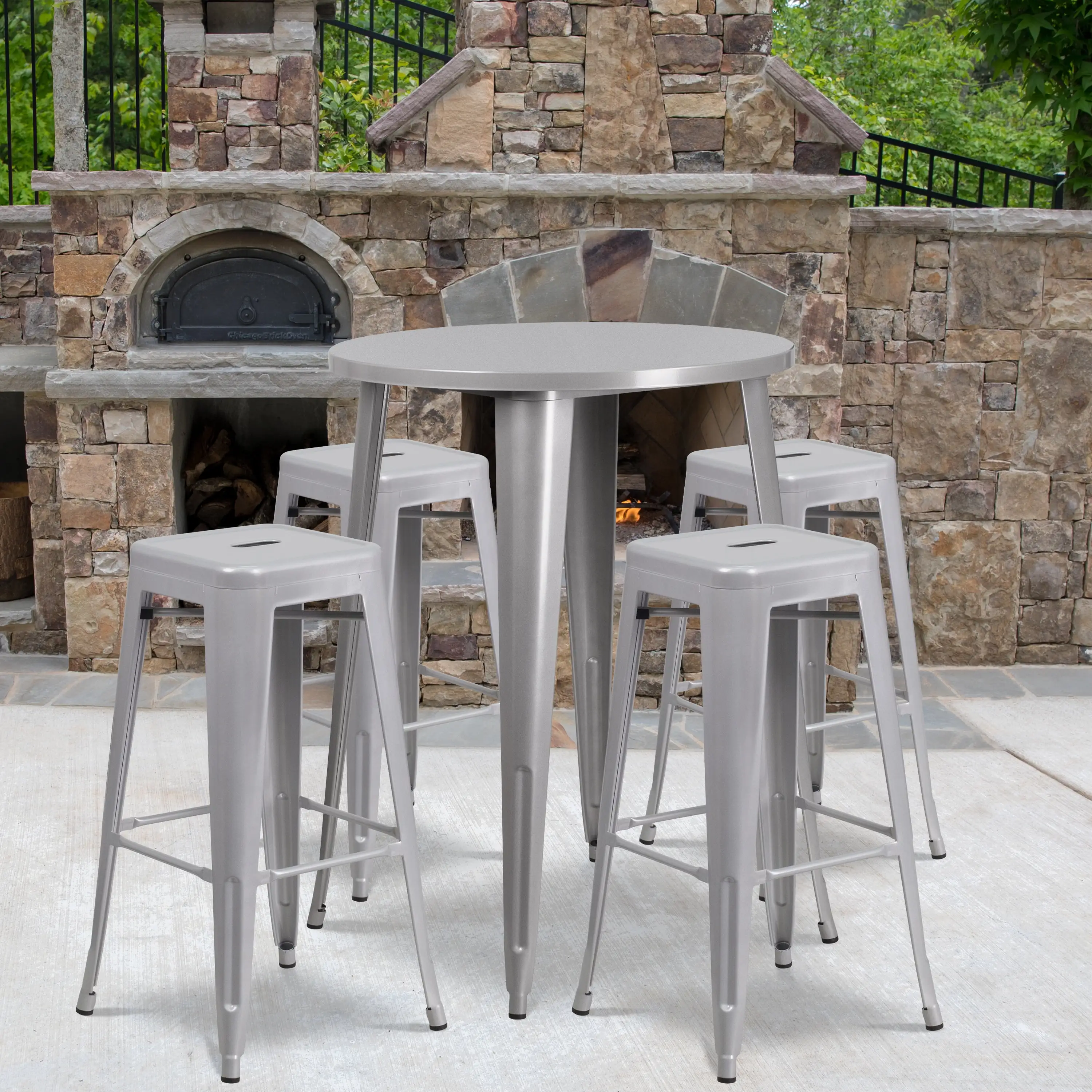 BizChair Commercial Grade 30 Round Silver Metal Indoor-Outdoor Bar Table Set with 4 Square Seat Backless Stools