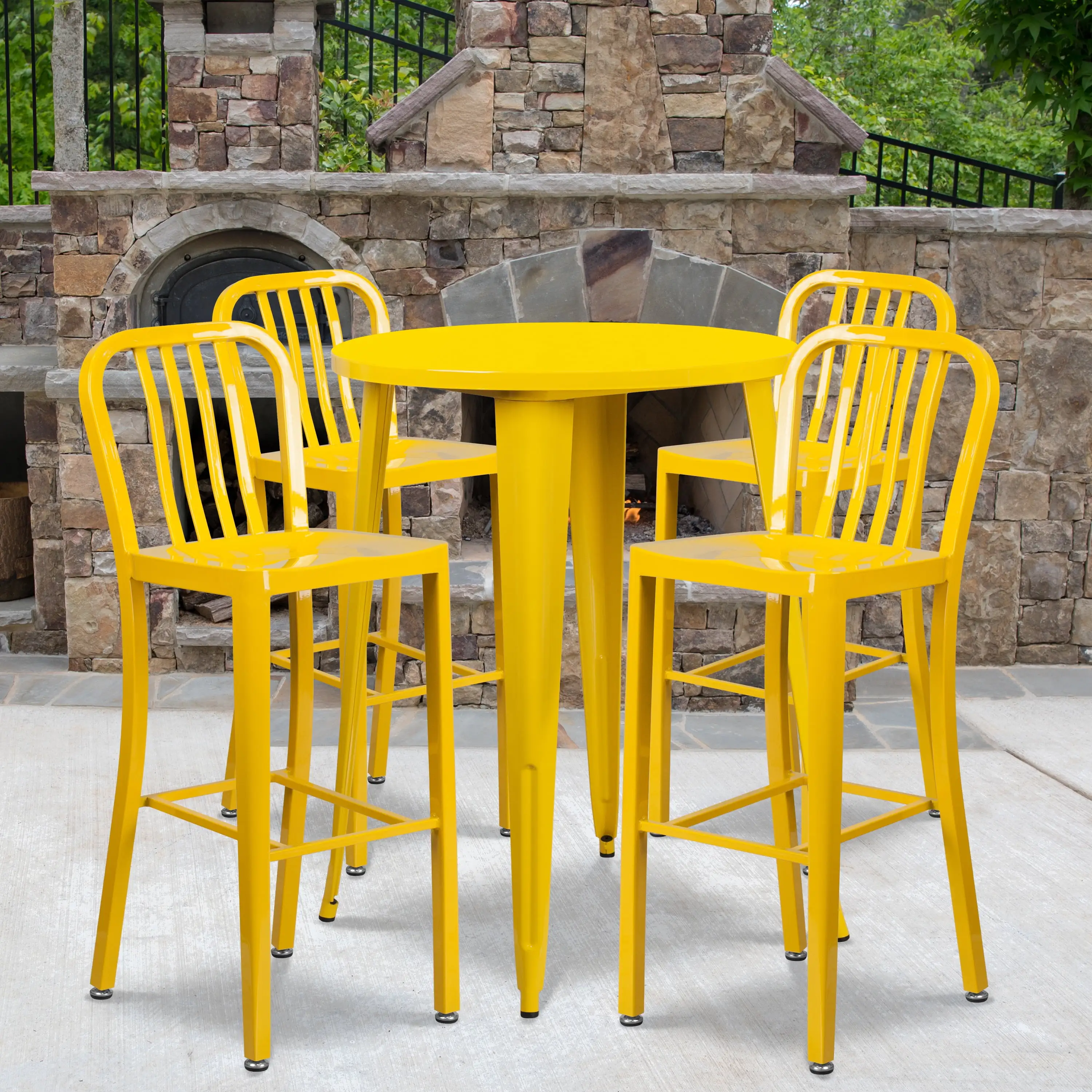 BizChair Commercial Grade 30 Round Yellow Metal Indoor-Outdoor Bar Table Set with 4 Vertical Slat Back Stools