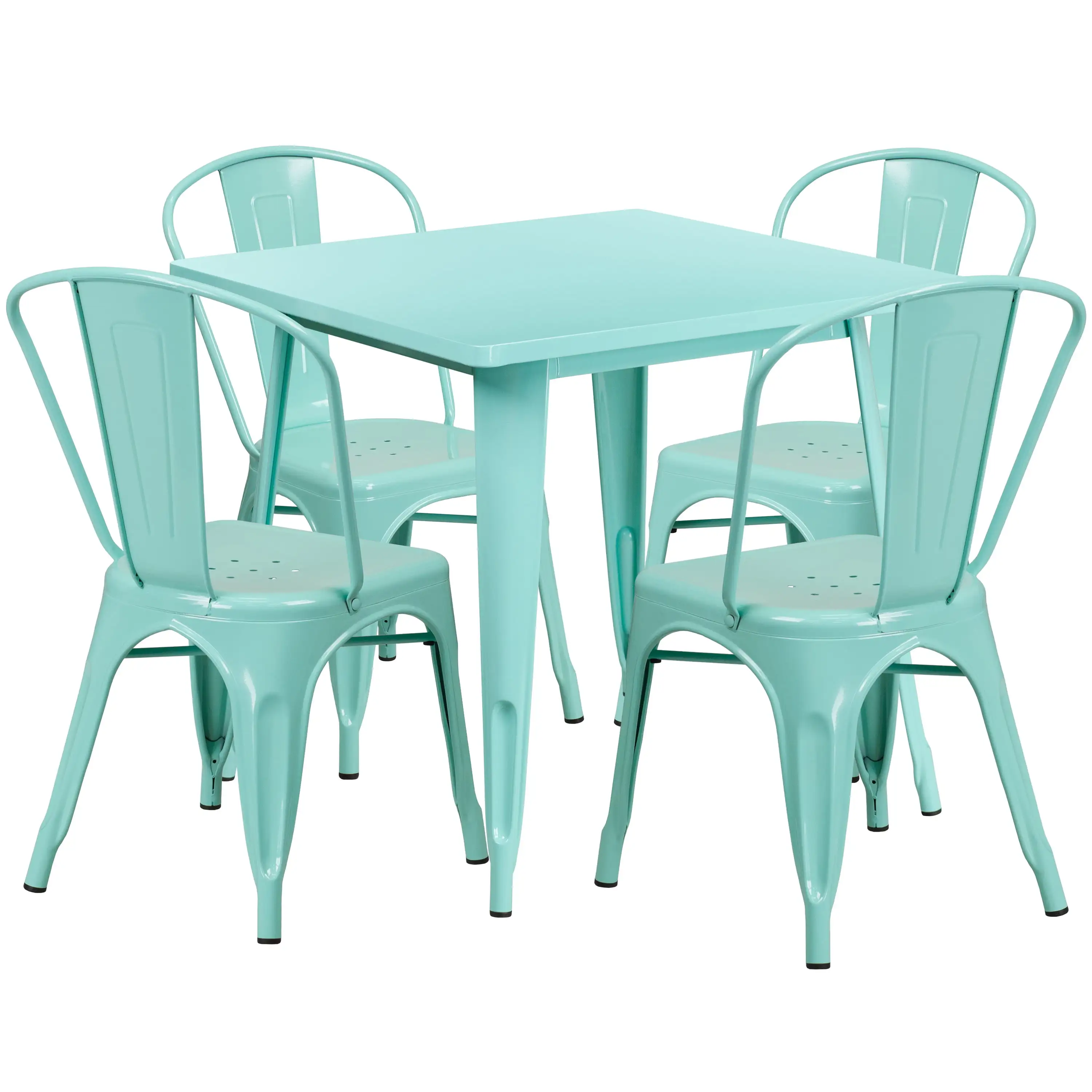 BizChair Commercial Grade 31.5 Square Mint Green Metal Indoor-Outdoor Table Set with 4 Stack Chairs