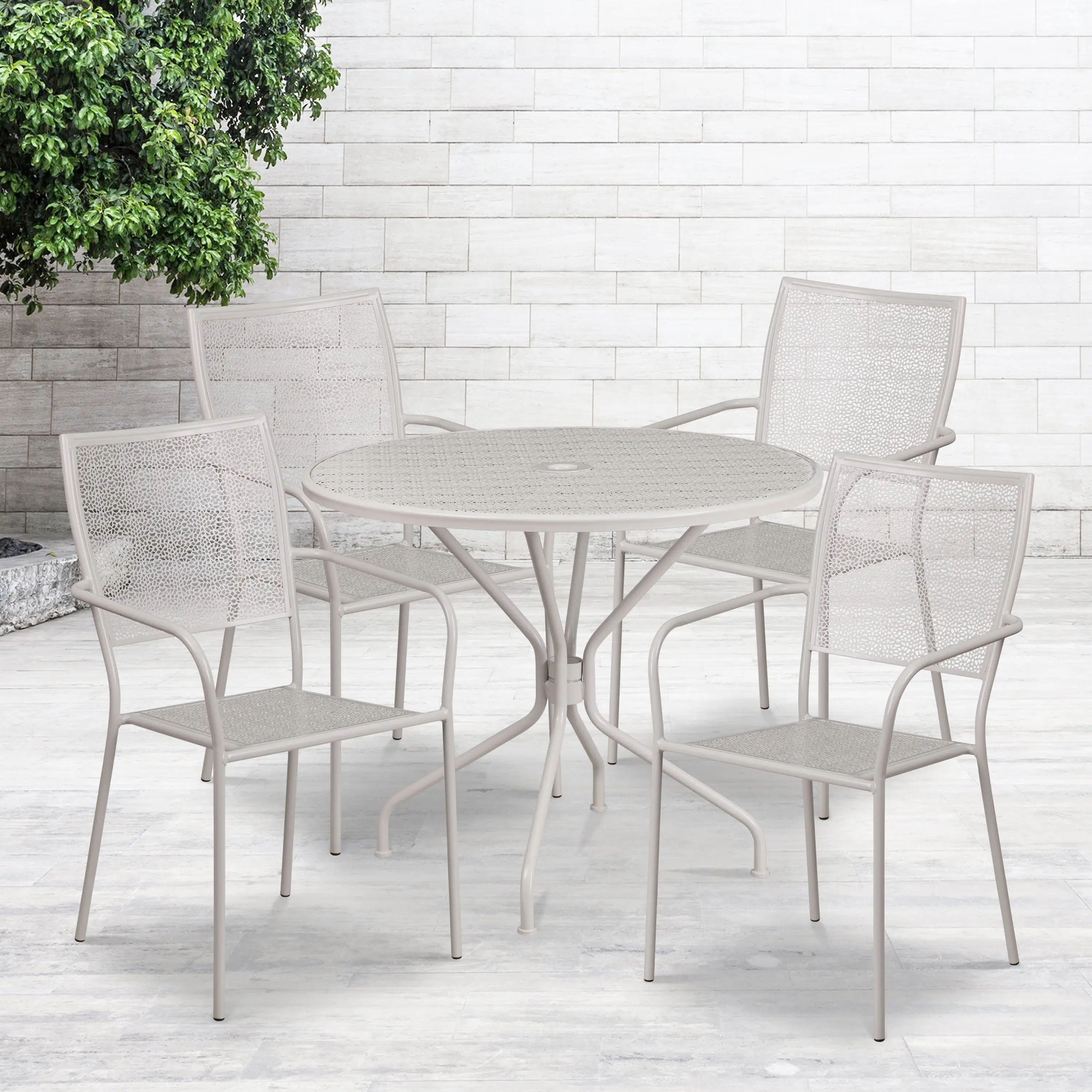 BizChair Commercial Grade 35.25 Round Light Gray Indoor-Outdoor Steel Patio Table Set with 4 Square Back Chairs