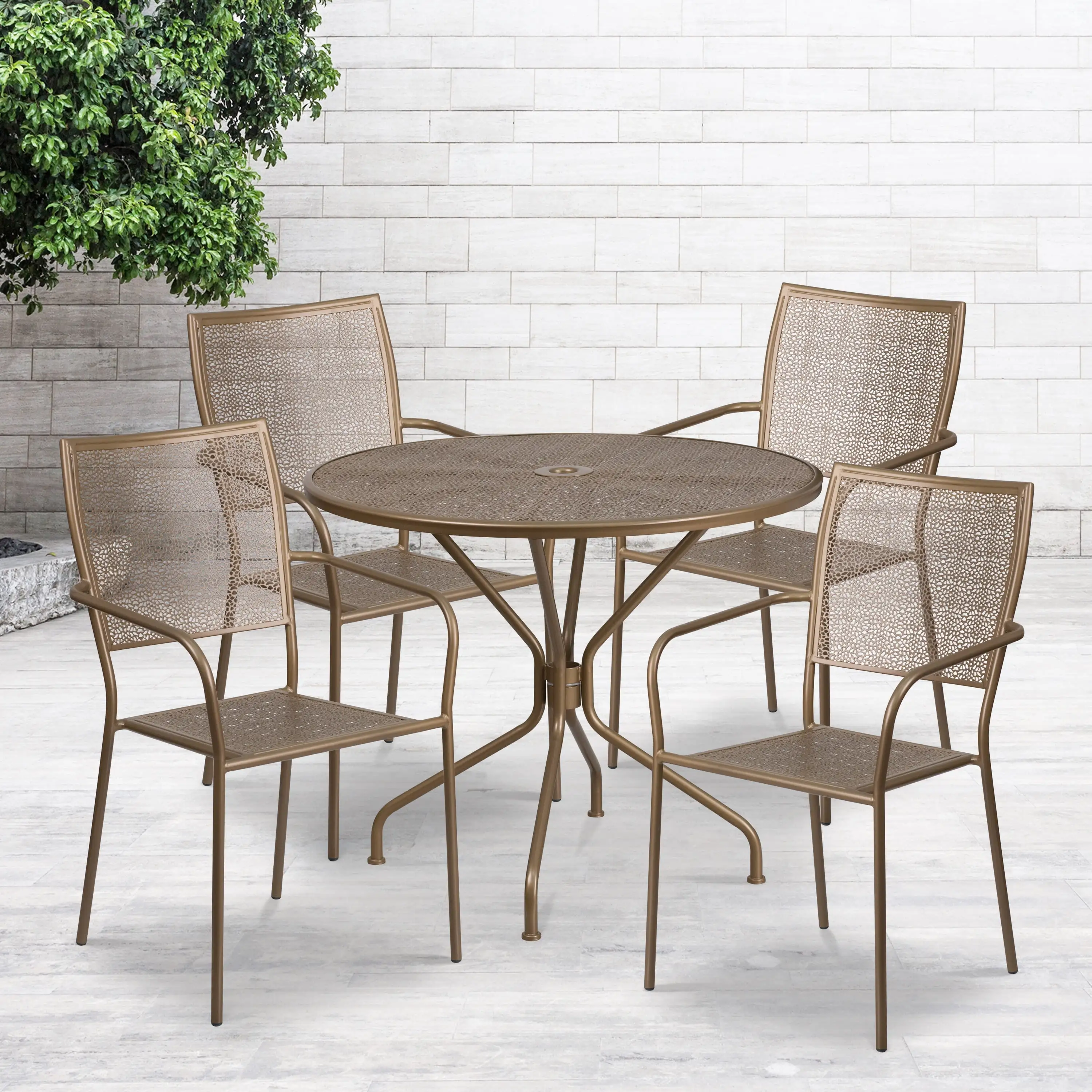 BizChair Commercial Grade 35.5 Square Gold Indoor-Outdoor Steel Patio Table Set with 4 Square Back Chairs