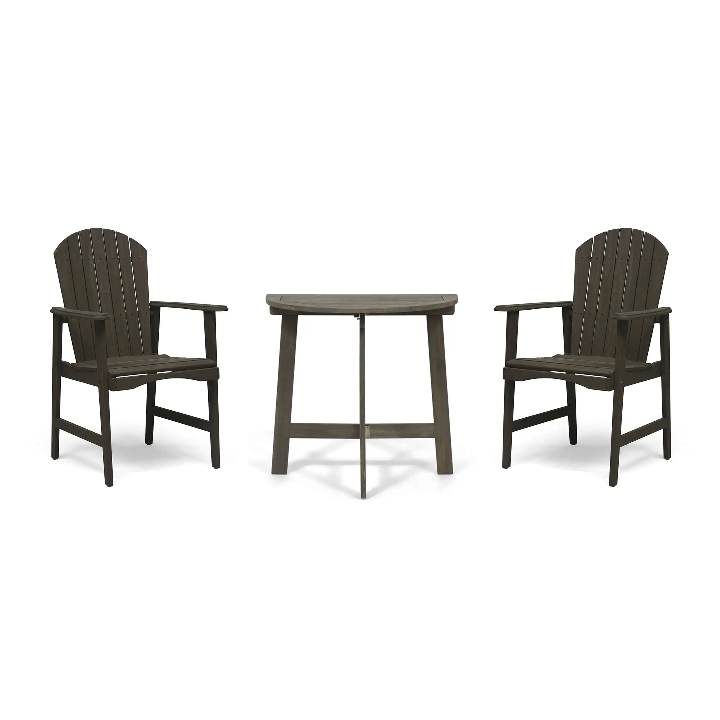 Bodie Outdoor 2 Seater Half-Round Acacia Wood Bistro Table Set with Adirondack Chairs. Gray