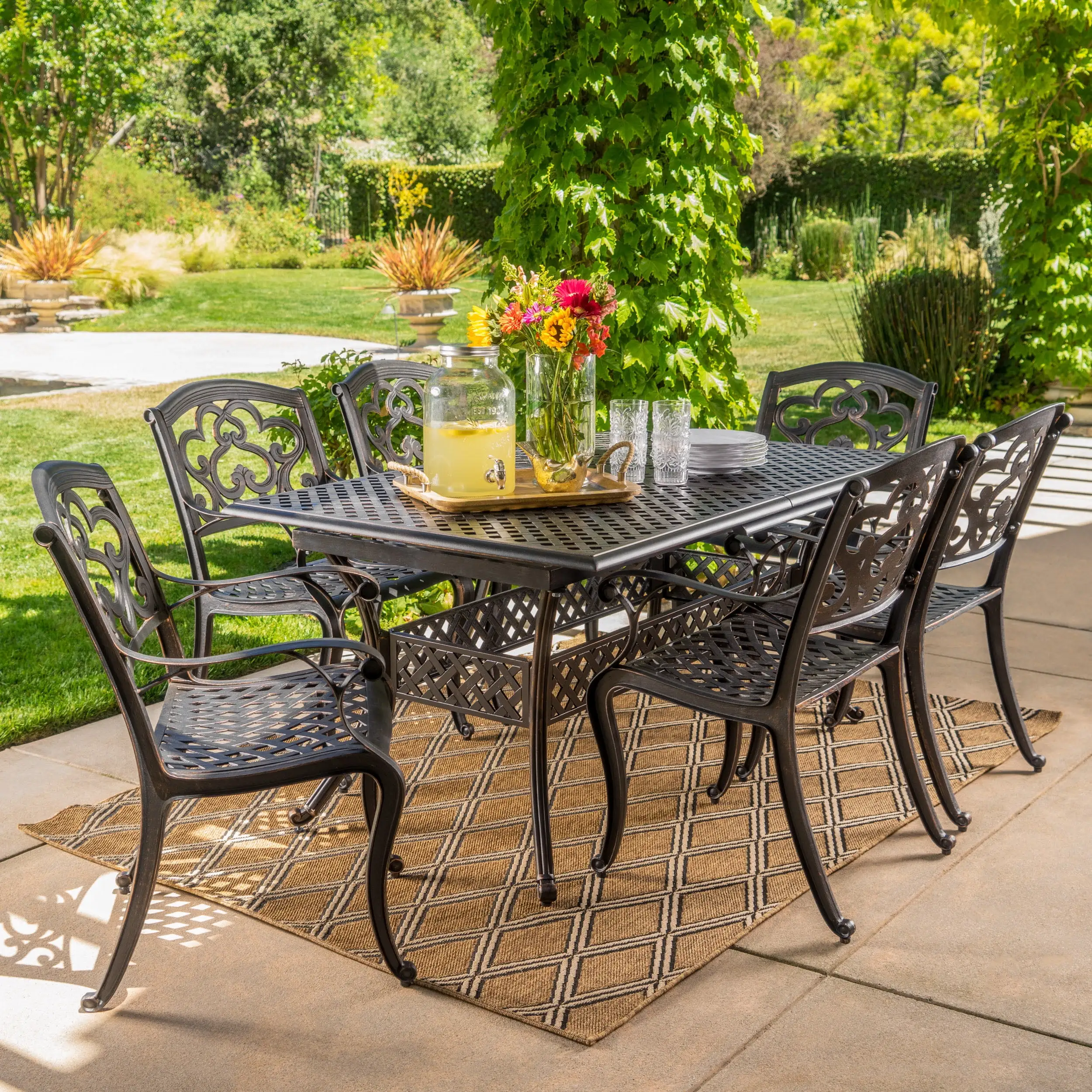 Boone Outdoor 7 Piece Cast Aluminum Dining Set with Leaf. Shiny Copper Finish