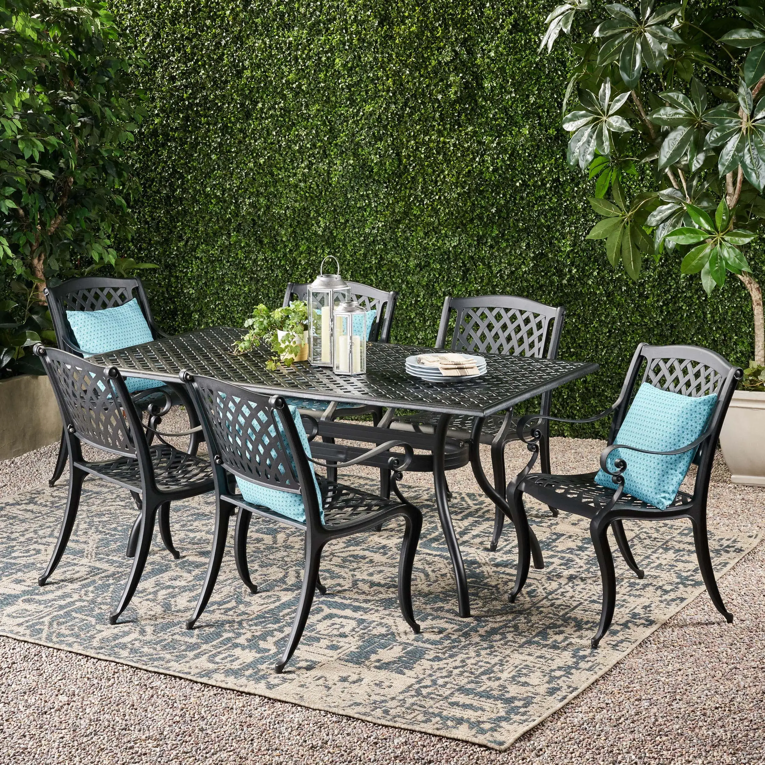 Bowen 7-Piece Outdoor Cast Aluminum Rectangular Dining Set. Black Sand