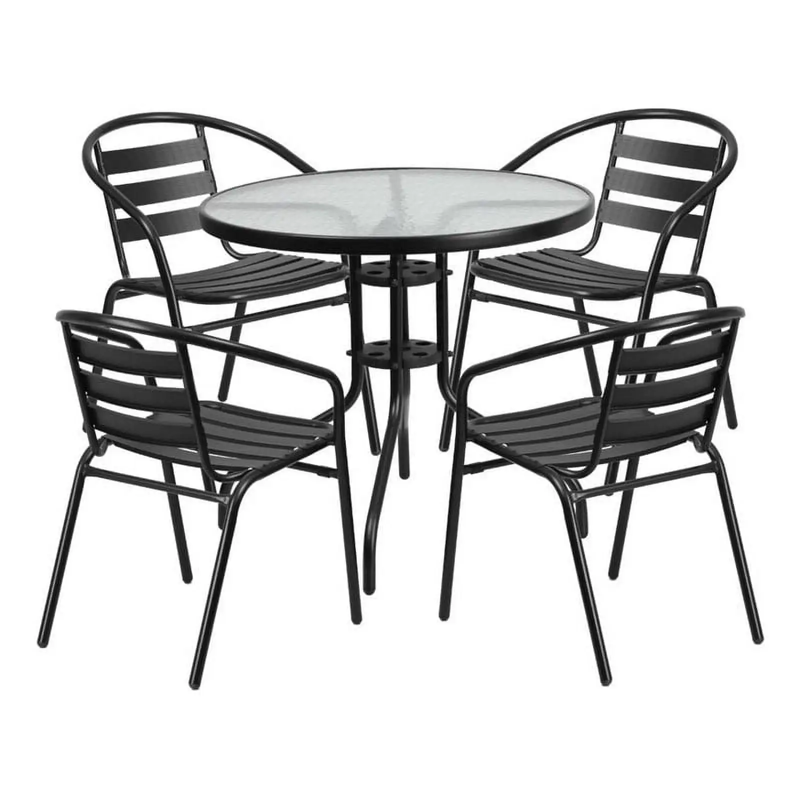 Bowery Hill 5 Piece Metal/Glass Round Patio Dining Set in Black